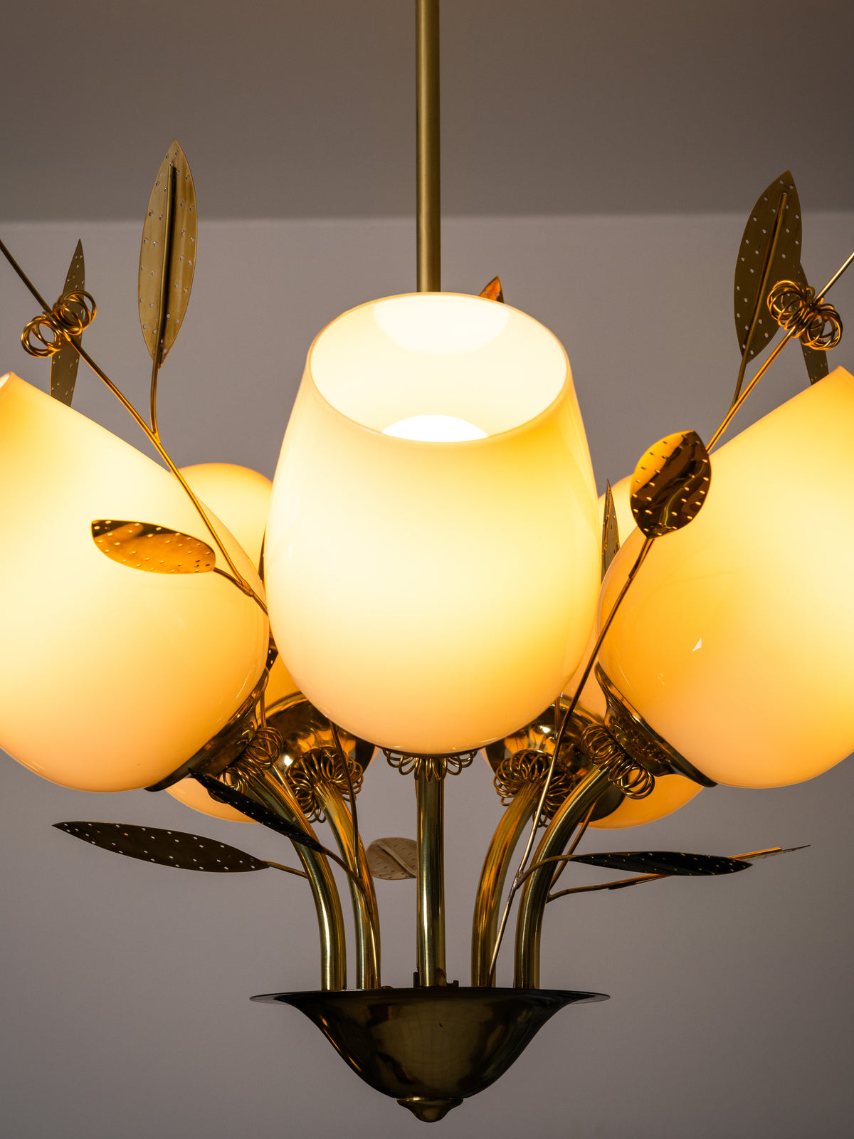 Five-Arm Brass and Glass Bridal Bouquet Chandelier by Itsu, Finland, 1950s