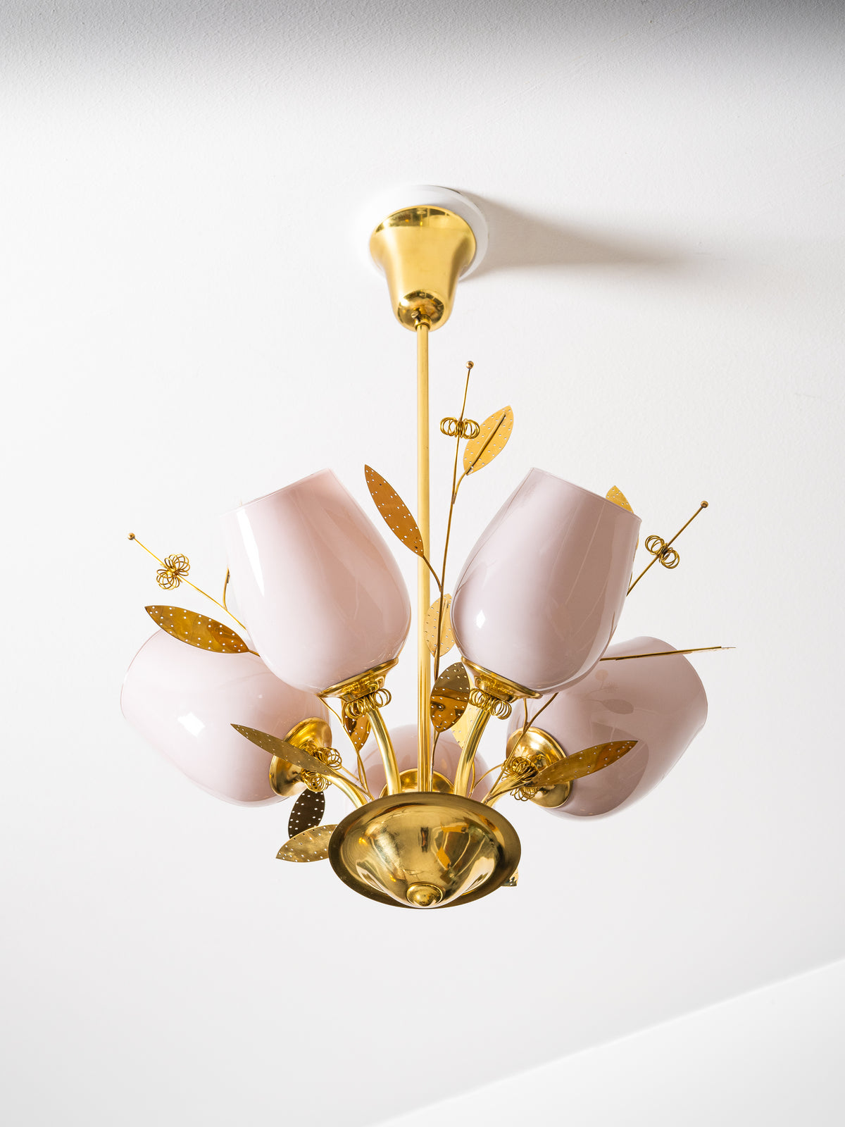 Five-Arm Brass and Glass Bridal Bouquet Chandelier by Itsu, Finland, 1950s