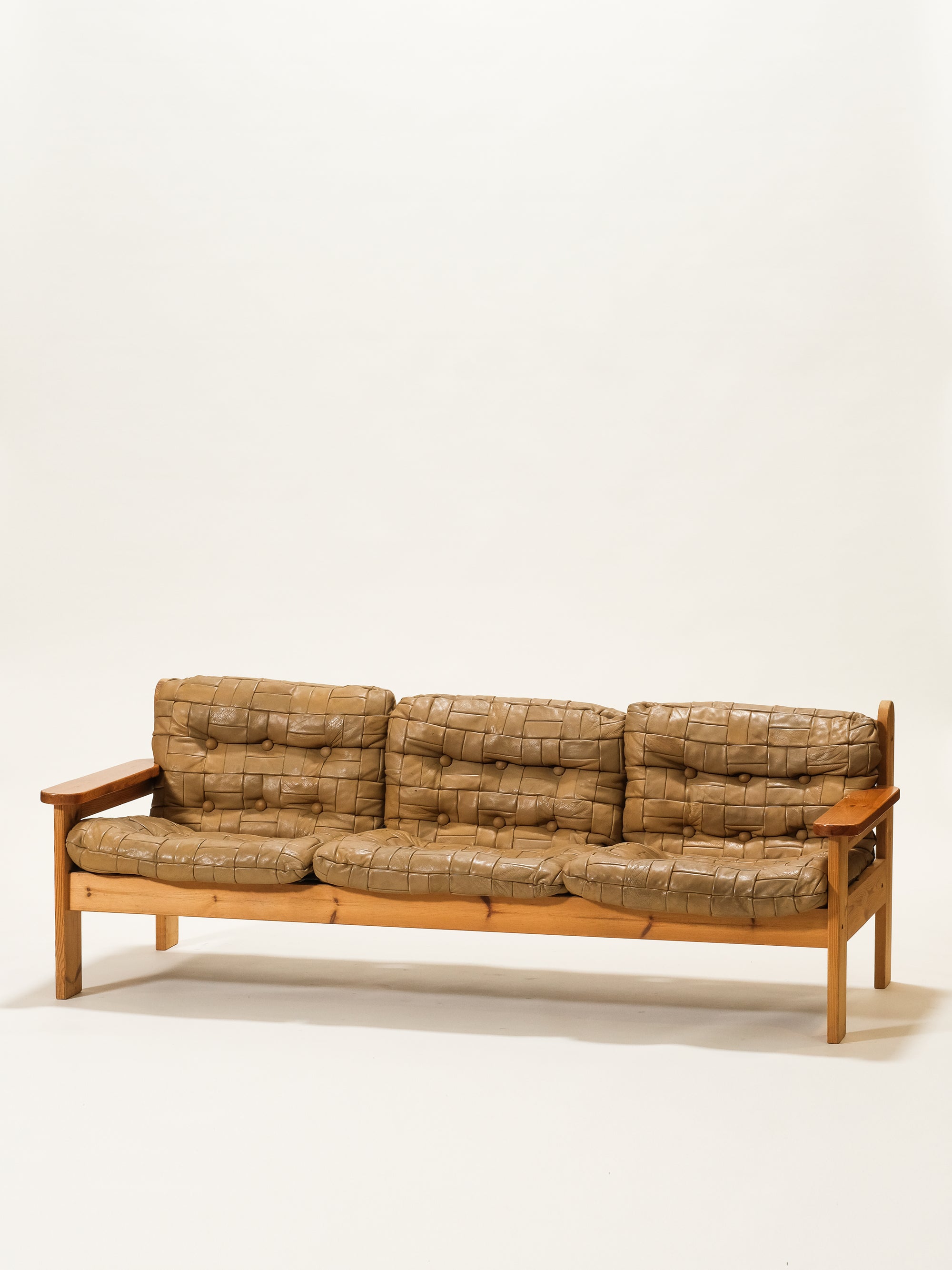 Pine &amp; Leather 3-Seater Sofa, 1970s