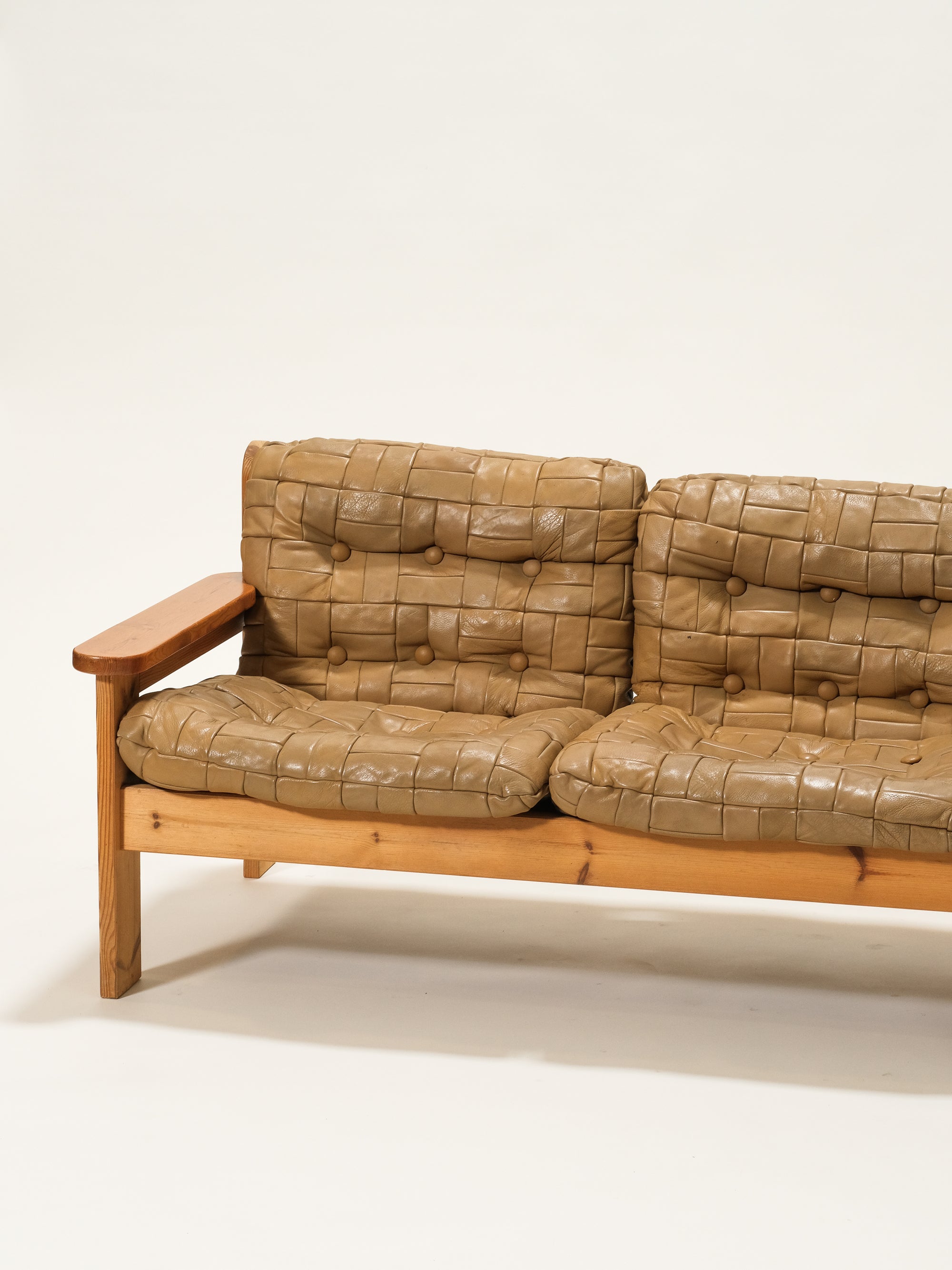 Pine &amp; Leather 3-Seater Sofa, 1970s