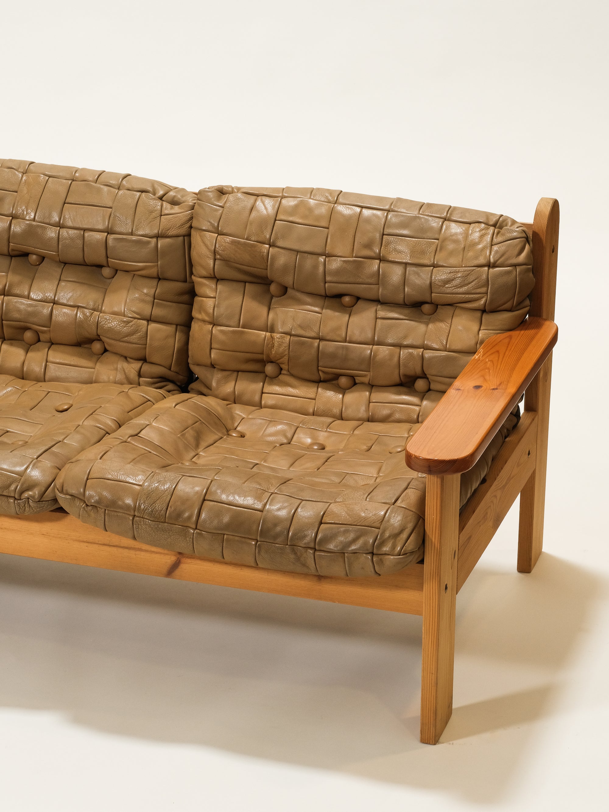 Pine &amp; Leather 3-Seater Sofa, 1970s