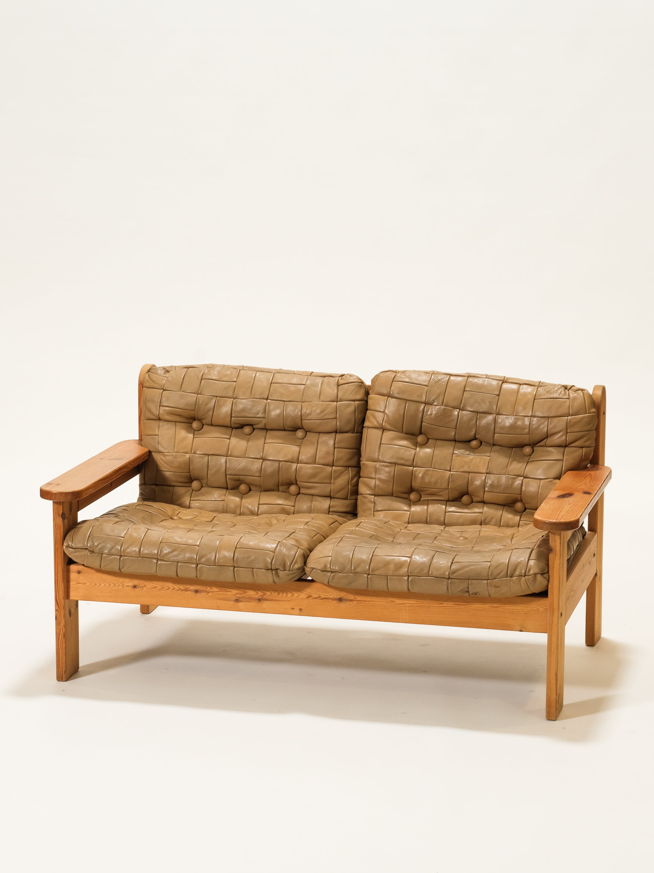 Pine & Leather 2-Seater Sofa, 1970s