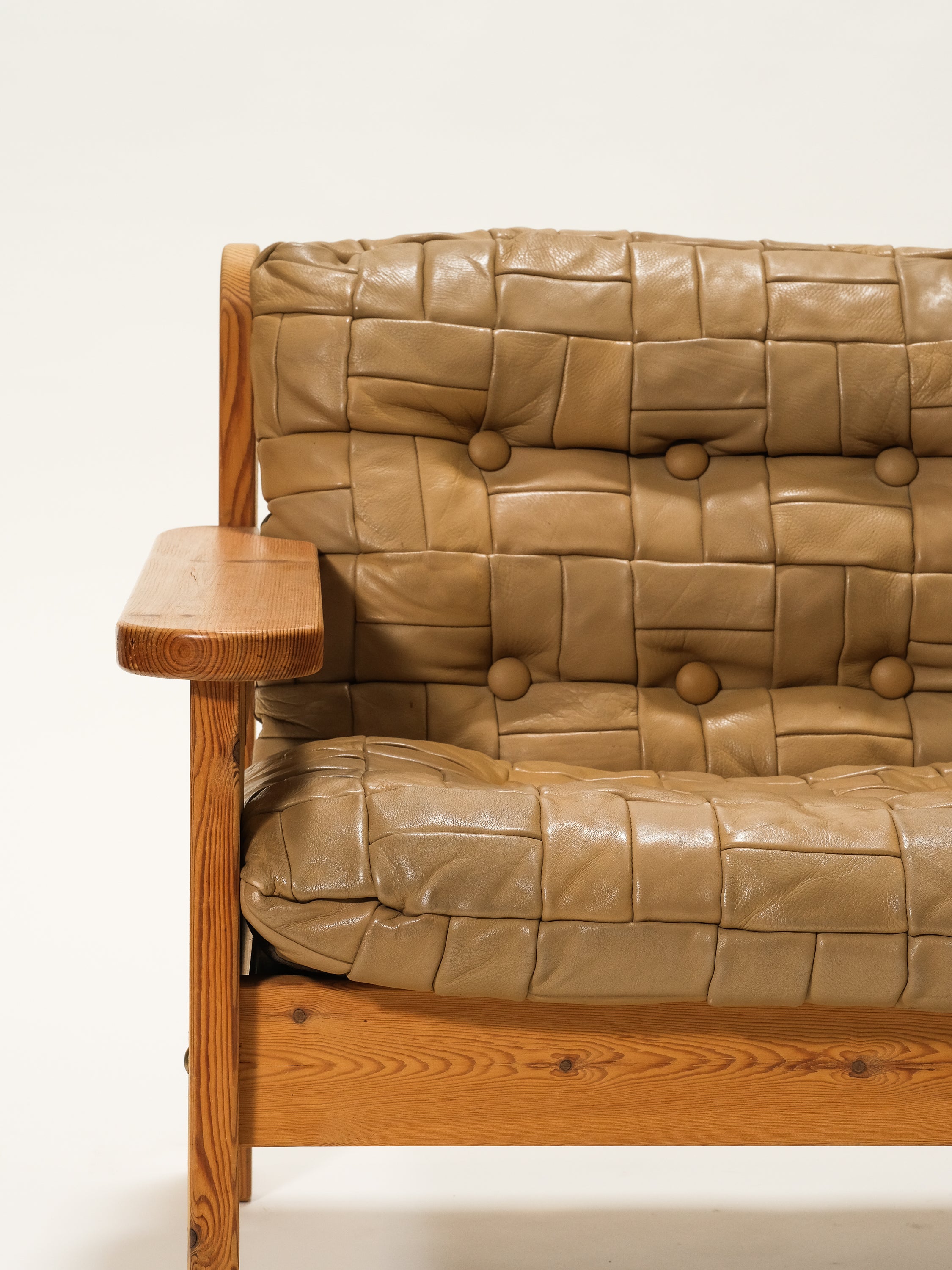 Pine & Leather 2-Seater Sofa, 1970s