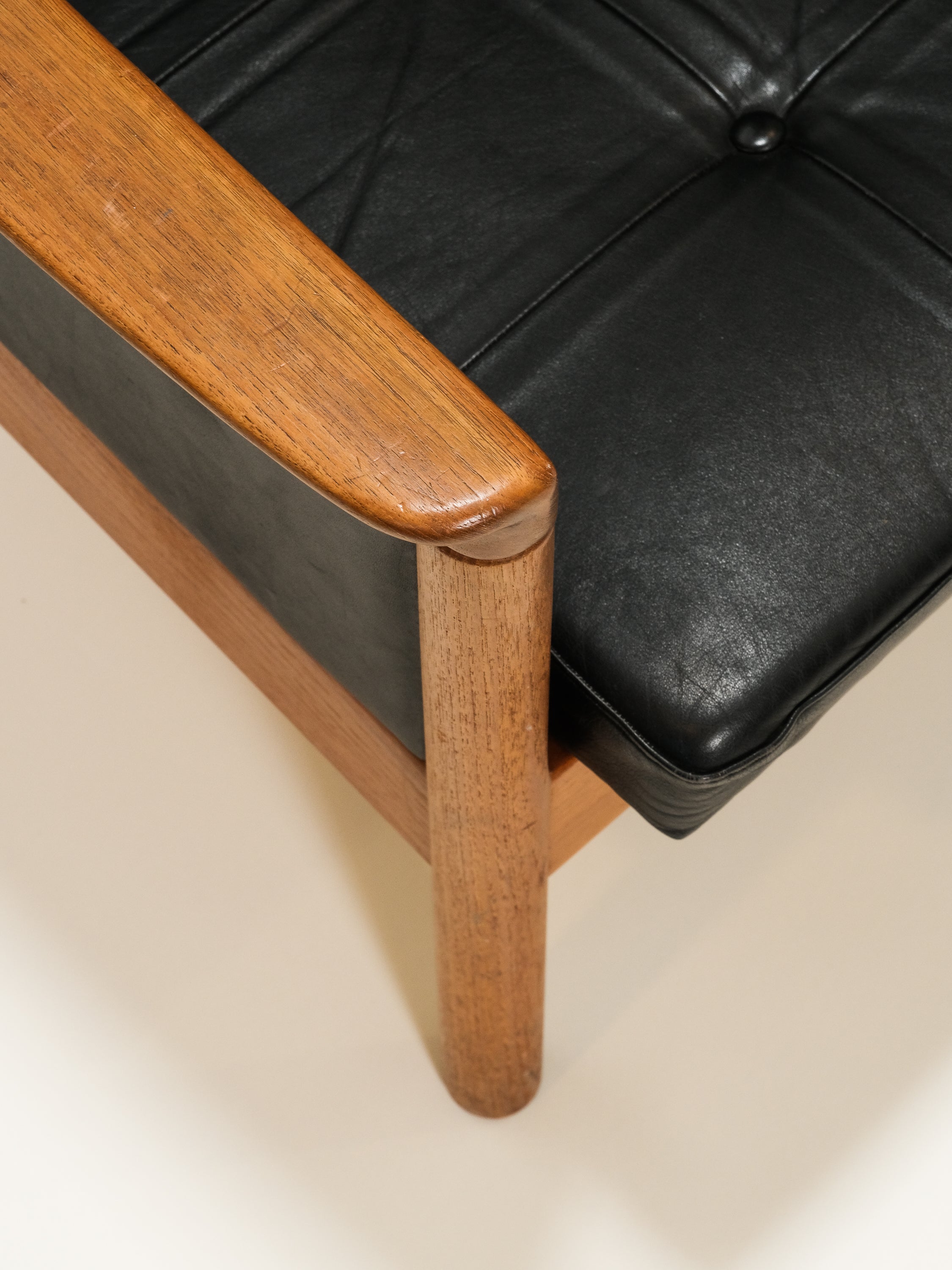 Scandinavian Black Leather & Teak 3-Seater Sofa, 1960s