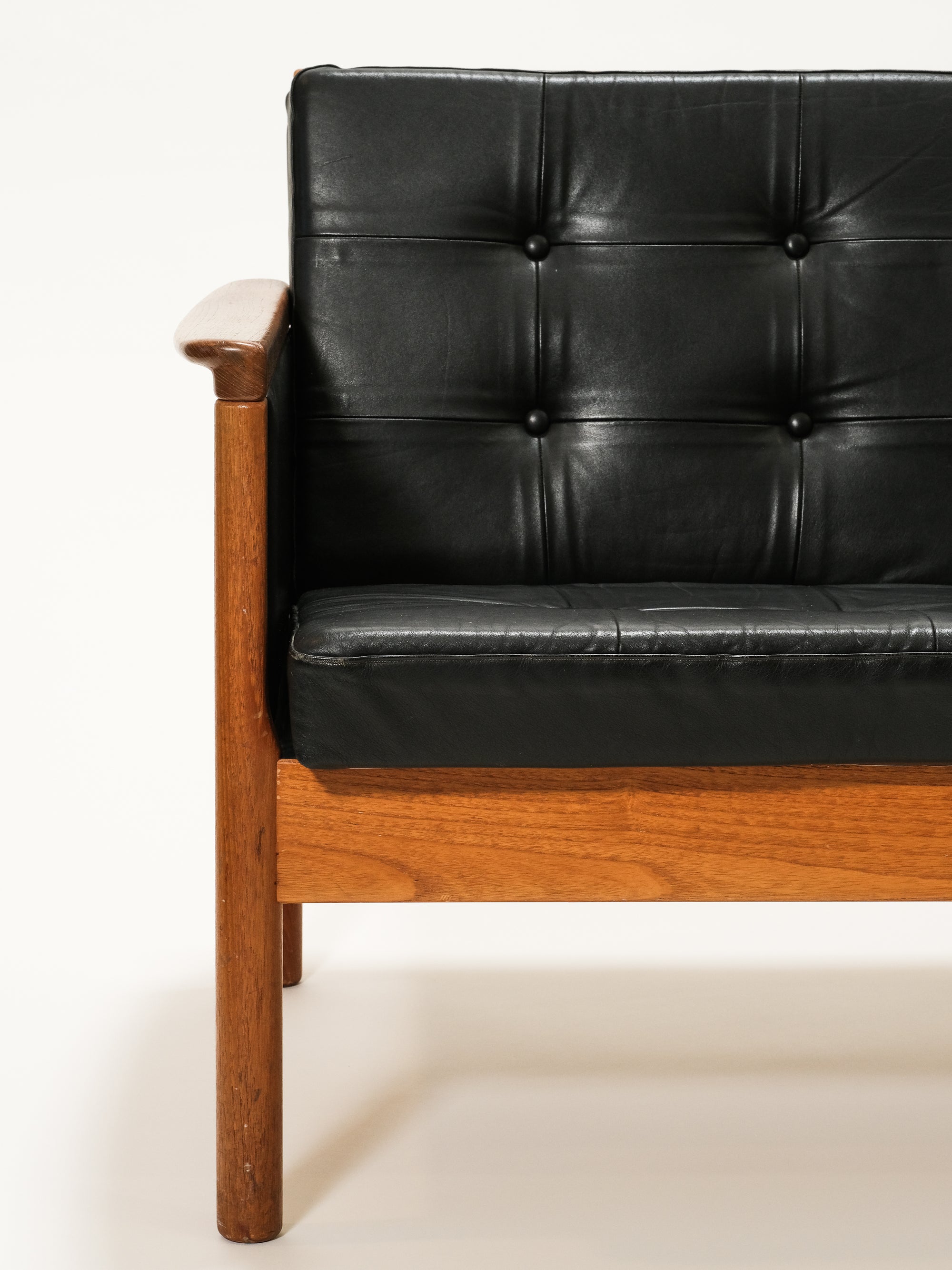 Scandinavian Black Leather &amp; Teak 3-Seater Sofa, 1960s