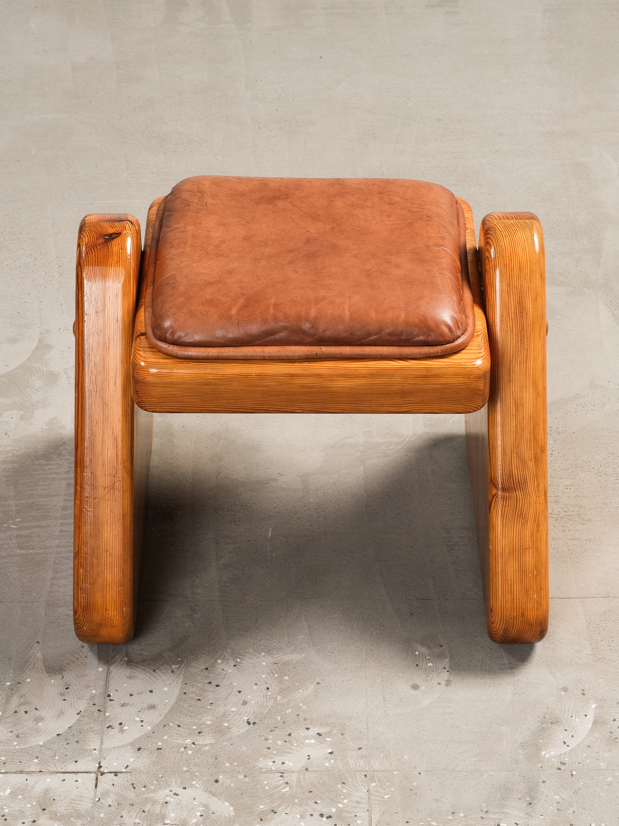 Brutalist Style Solid Pine Stool with Leather Cushion, Finland, 1980s
