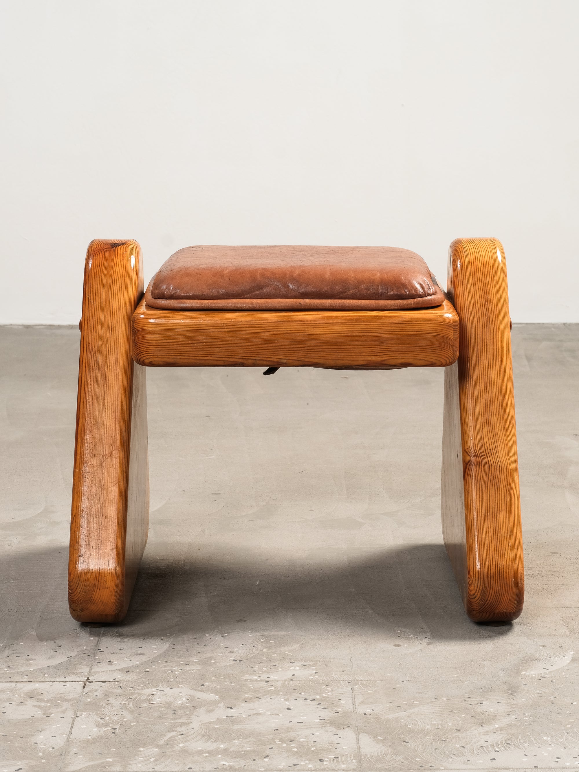 Brutalist Style Solid Pine Stool with Leather Cushion, Finland, 1980s