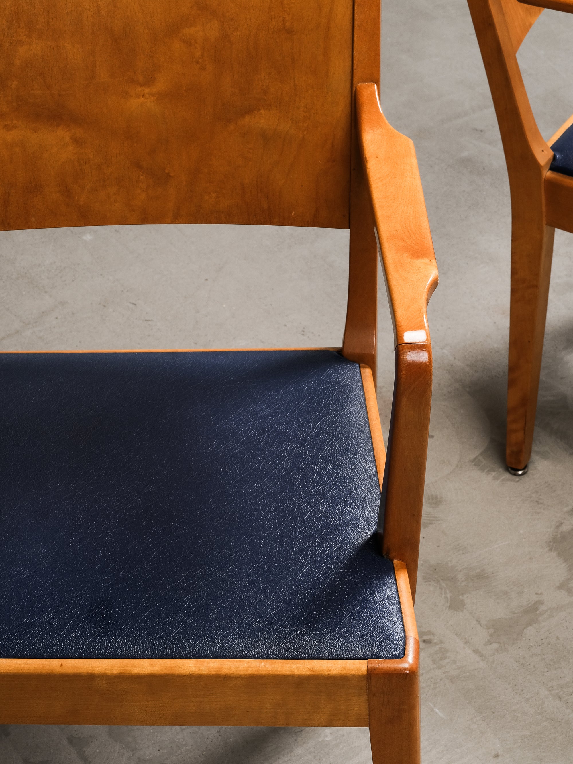 Birch Armchairs with Blue Faux Leather Upholstery, Sweden, 1940s