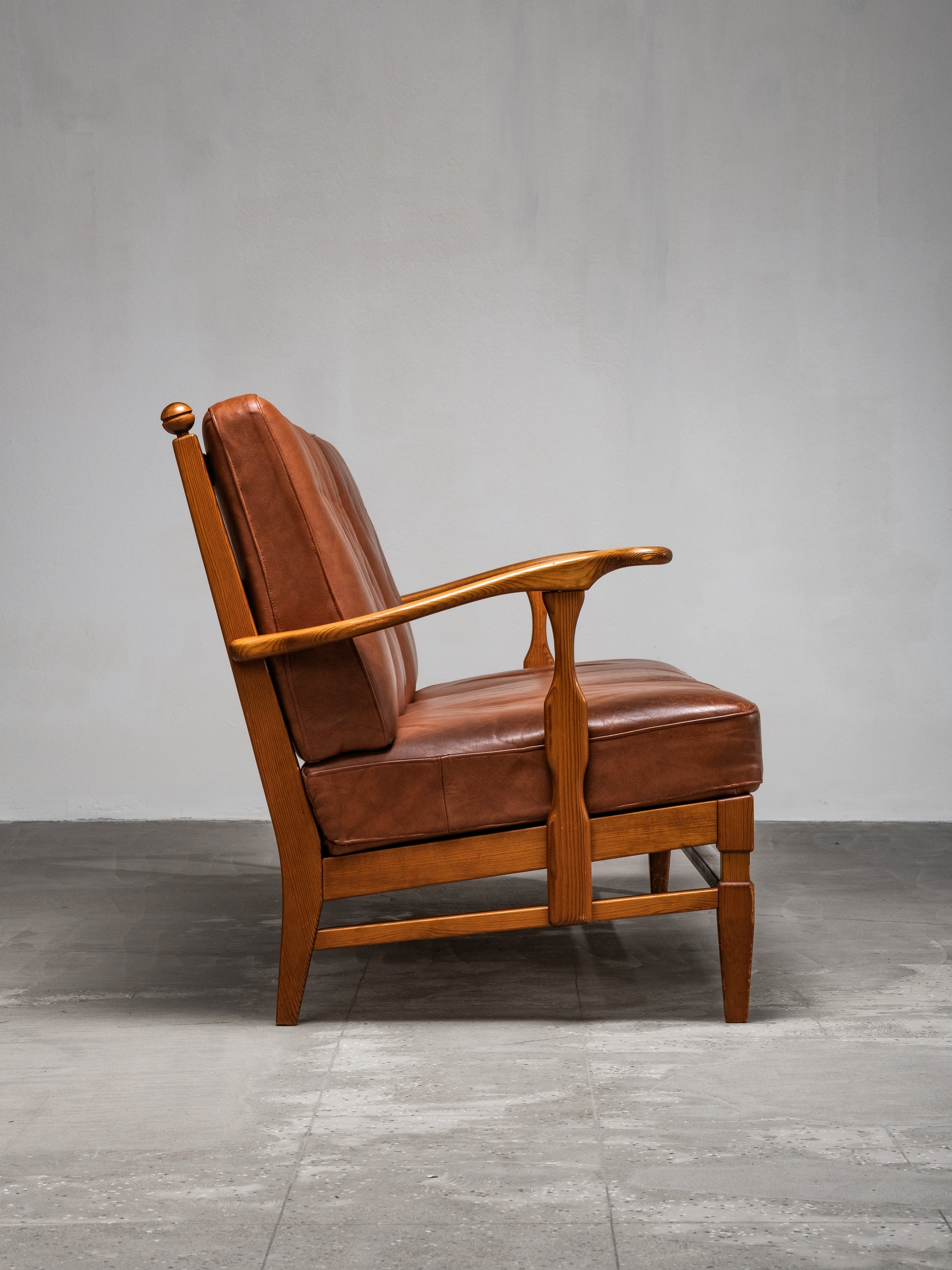 Three-Seat Sofa in Pine and Cognac Leather by Göperts Möbler, Sweden, 1940s