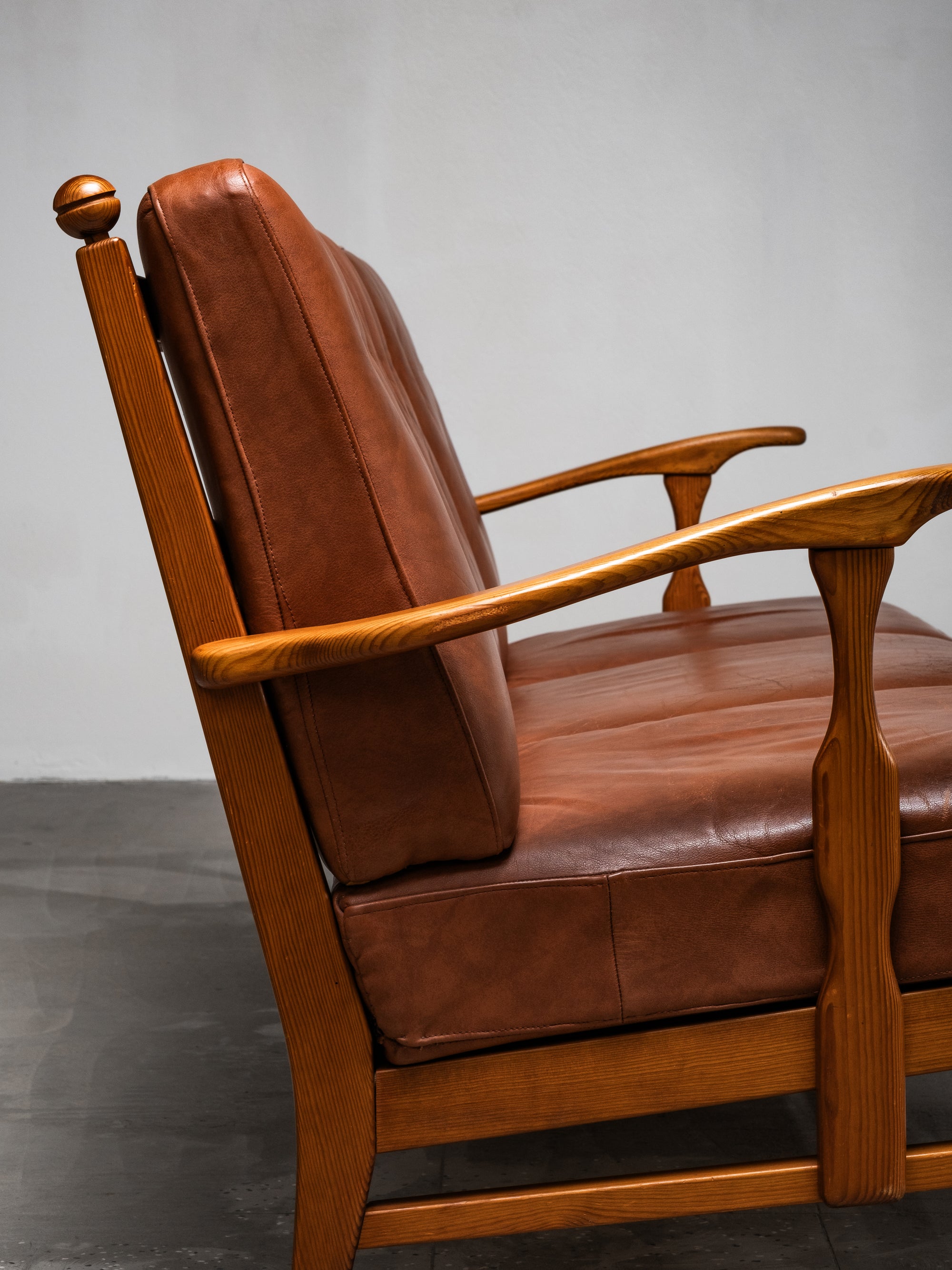 Three-Seat Sofa in Pine and Cognac Leather by Göperts Möbler, Sweden, 1940s