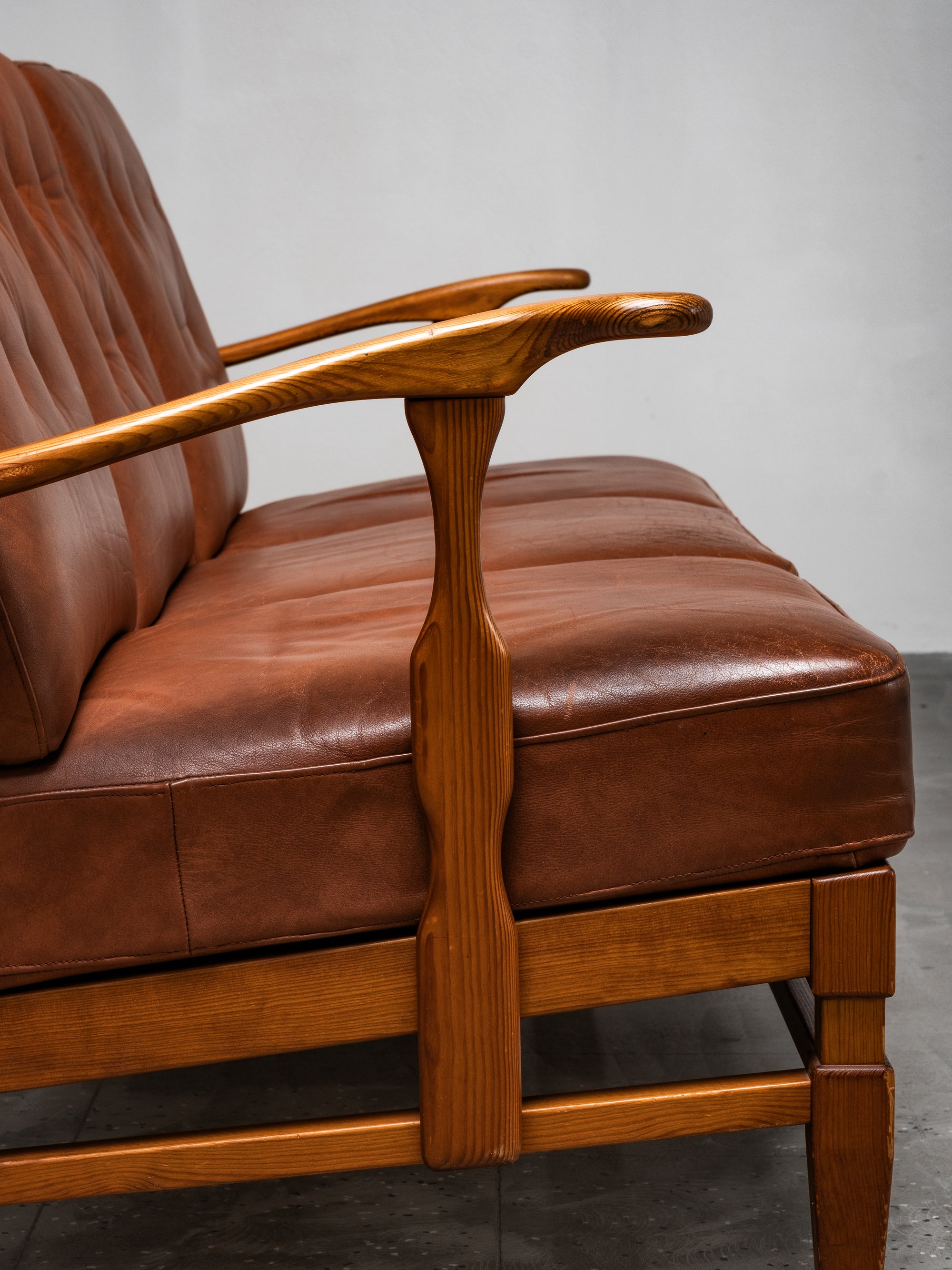 Three-Seat Sofa in Pine and Cognac Leather by Göperts Möbler, Sweden, 1940s