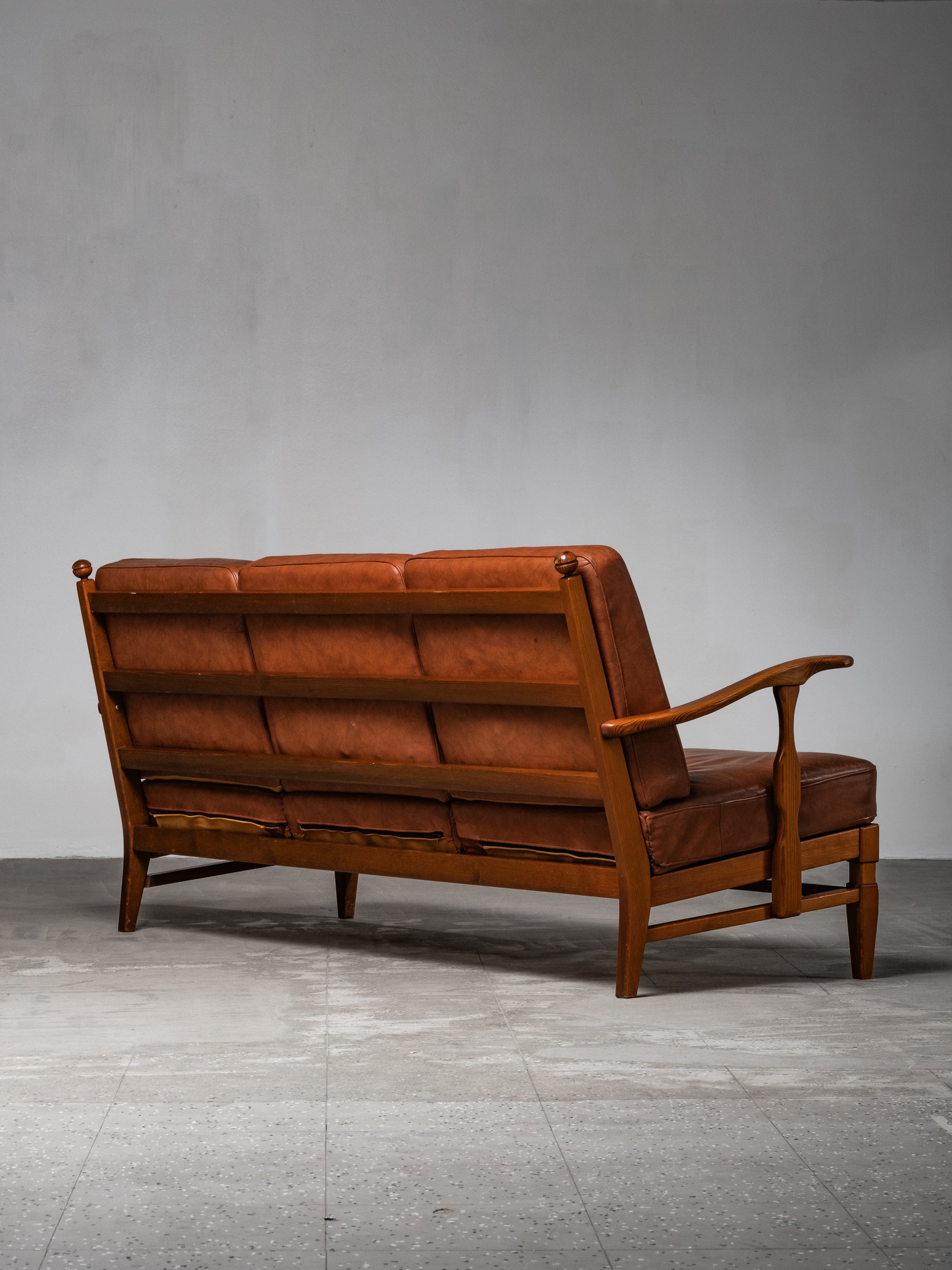 Three-Seat Sofa in Pine and Cognac Leather by Göperts Möbler, Sweden, 1940s