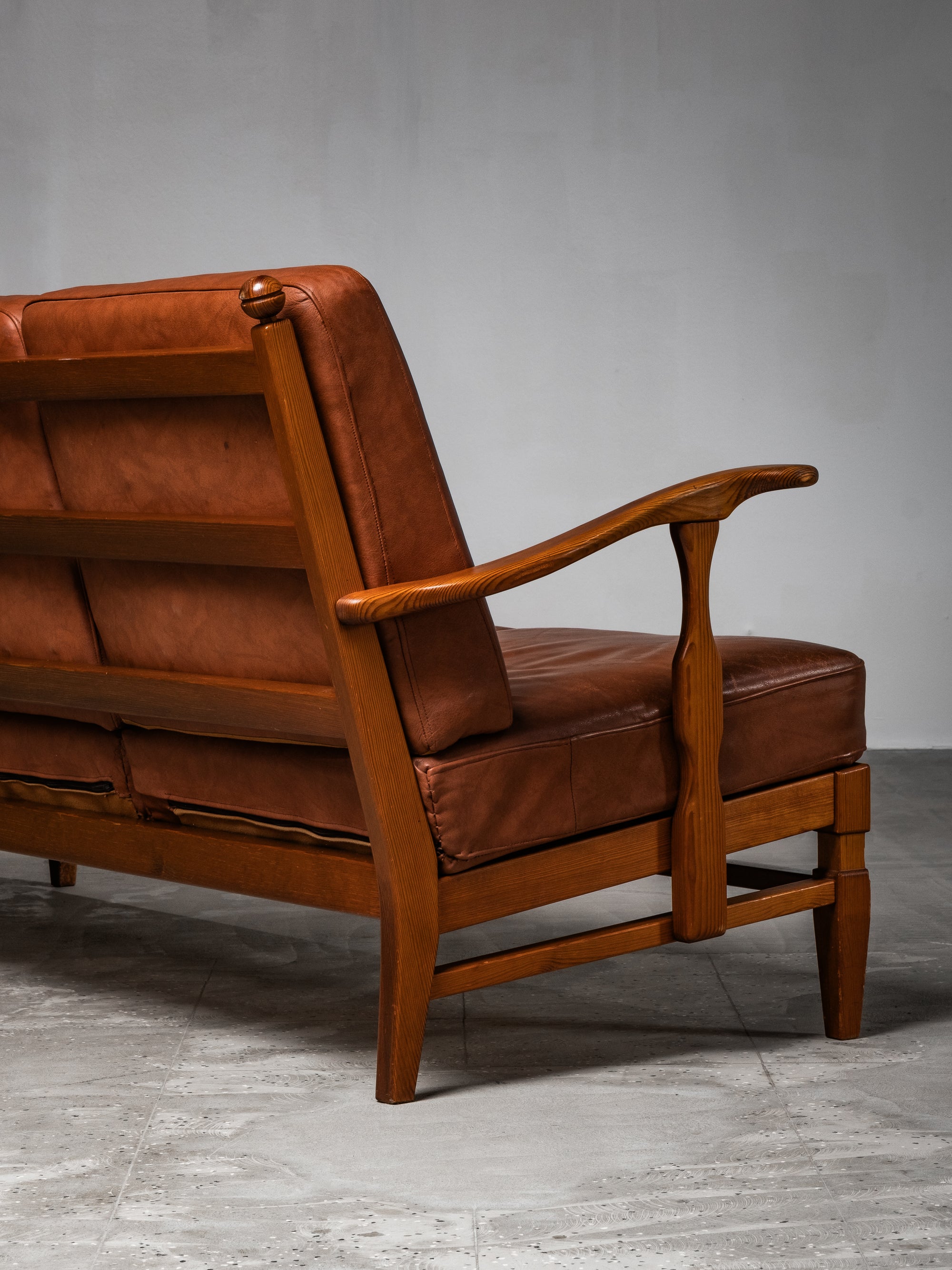 Three-Seat Sofa in Pine and Cognac Leather by Göperts Möbler, Sweden, 1940s