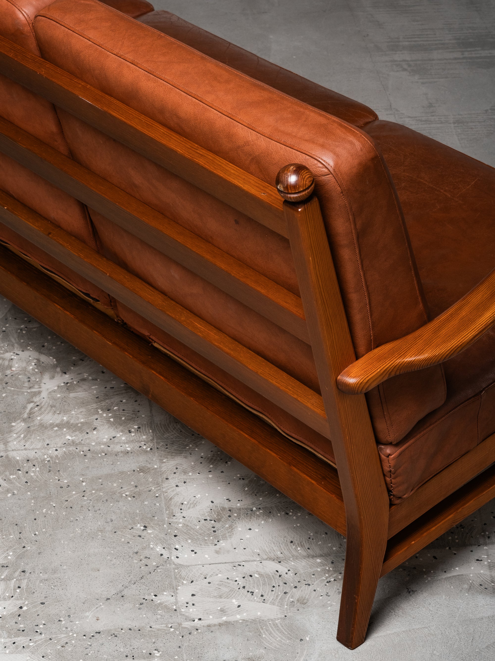 Three-Seat Sofa in Pine and Cognac Leather by Göperts Möbler, Sweden, 1940s