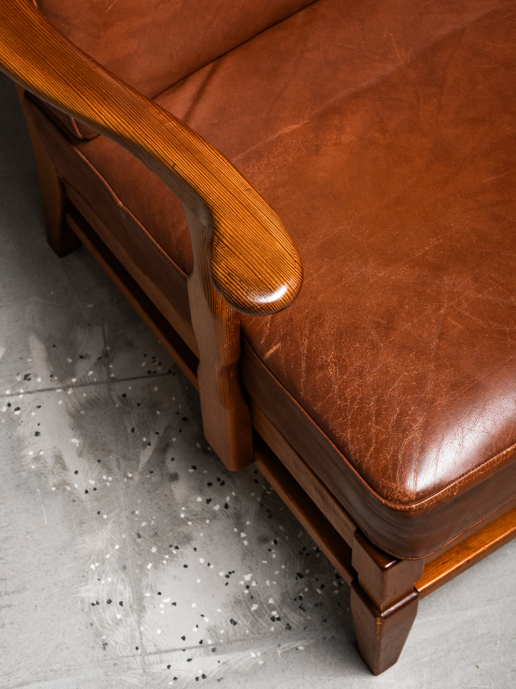 Three-Seat Sofa in Pine and Cognac Leather by Göperts Möbler, Sweden, 1940s