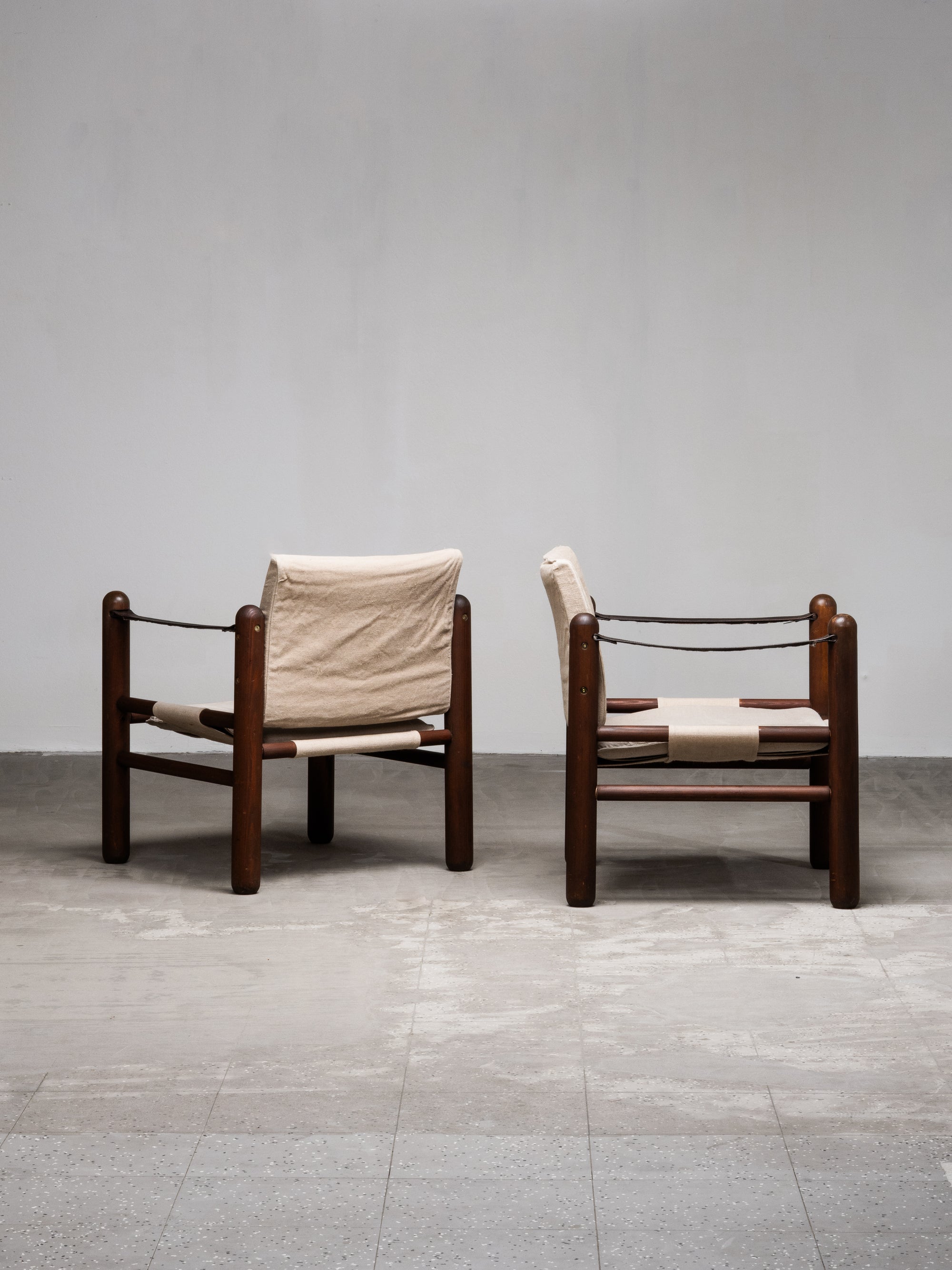 Pair of Safari Chairs in Stained Pine and Linen, 1970s
