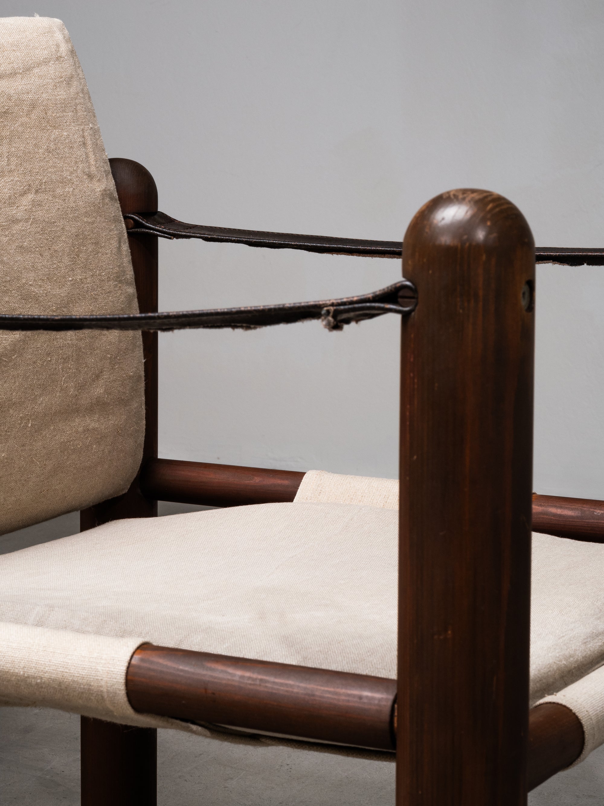 Pair of Safari Chairs in Stained Pine and Linen, 1970s