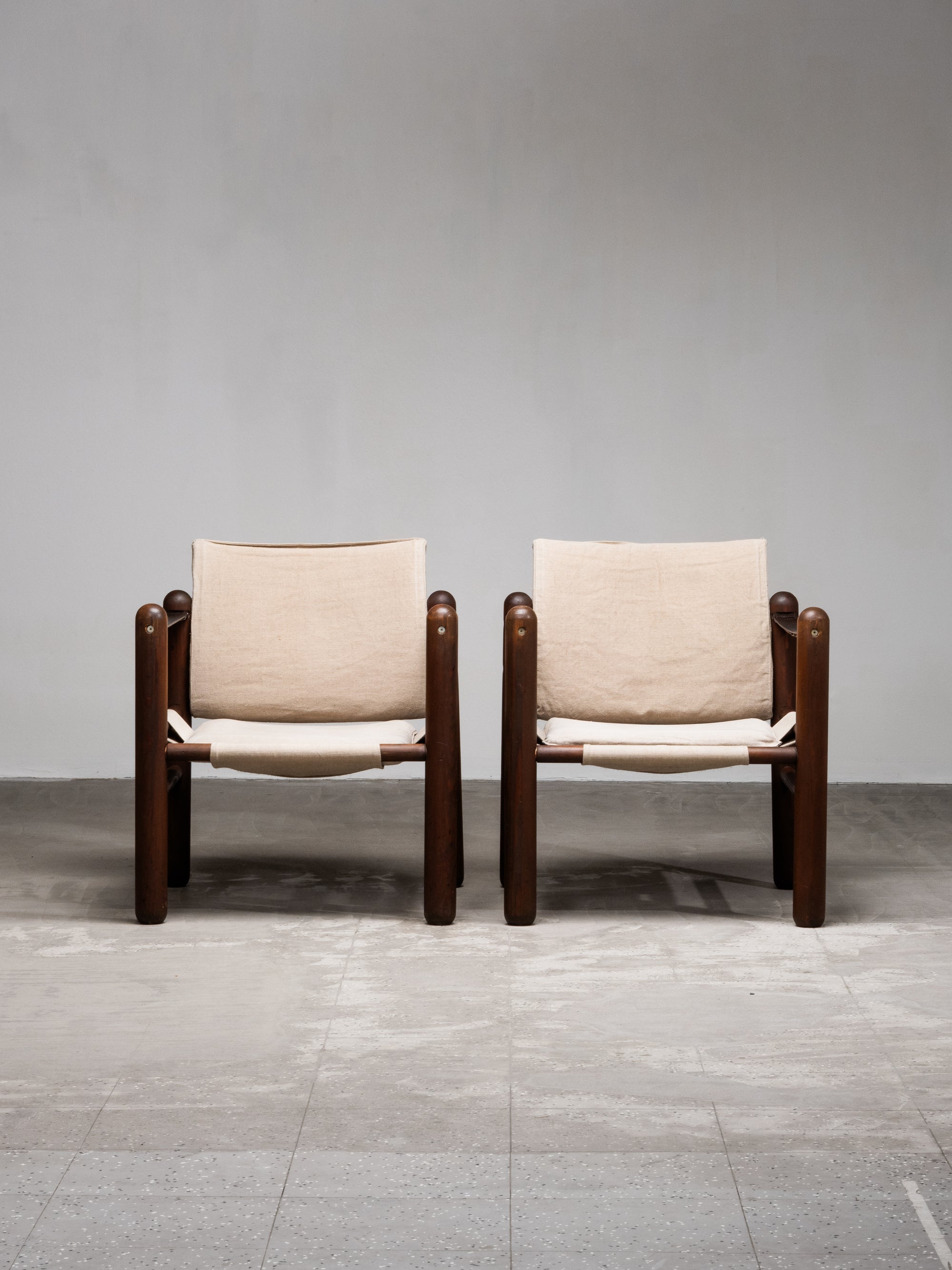 Pair of Safari Chairs in Stained Pine and Linen, 1970s