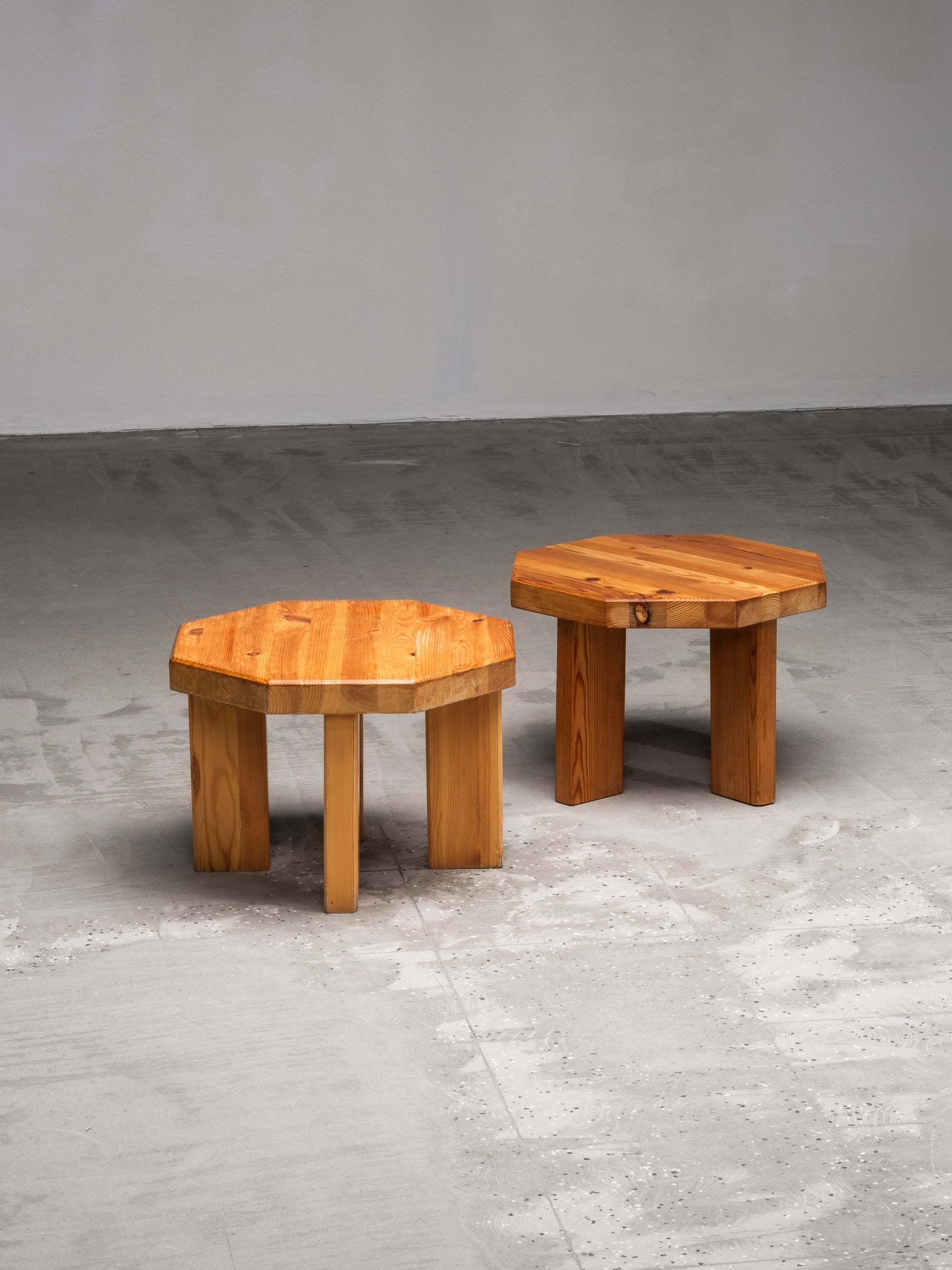 Brutalist Low Pine Stools or Side Tables, 1970s, Set of 2