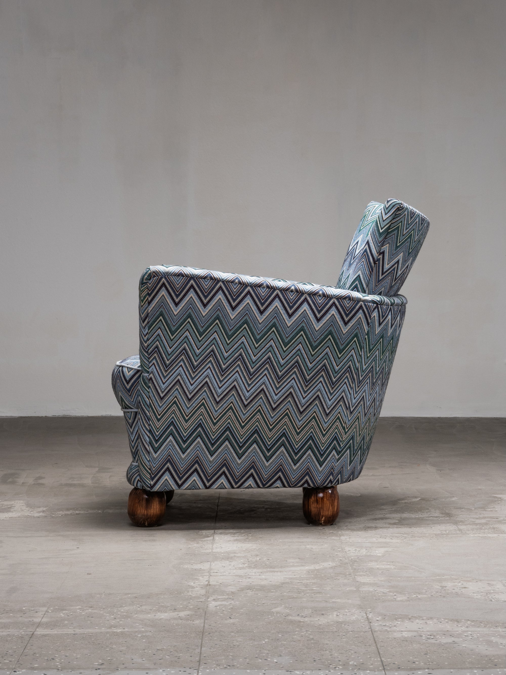 1940s Finnish Art Deco Club Chair with Chevron-Patterned Fabric
