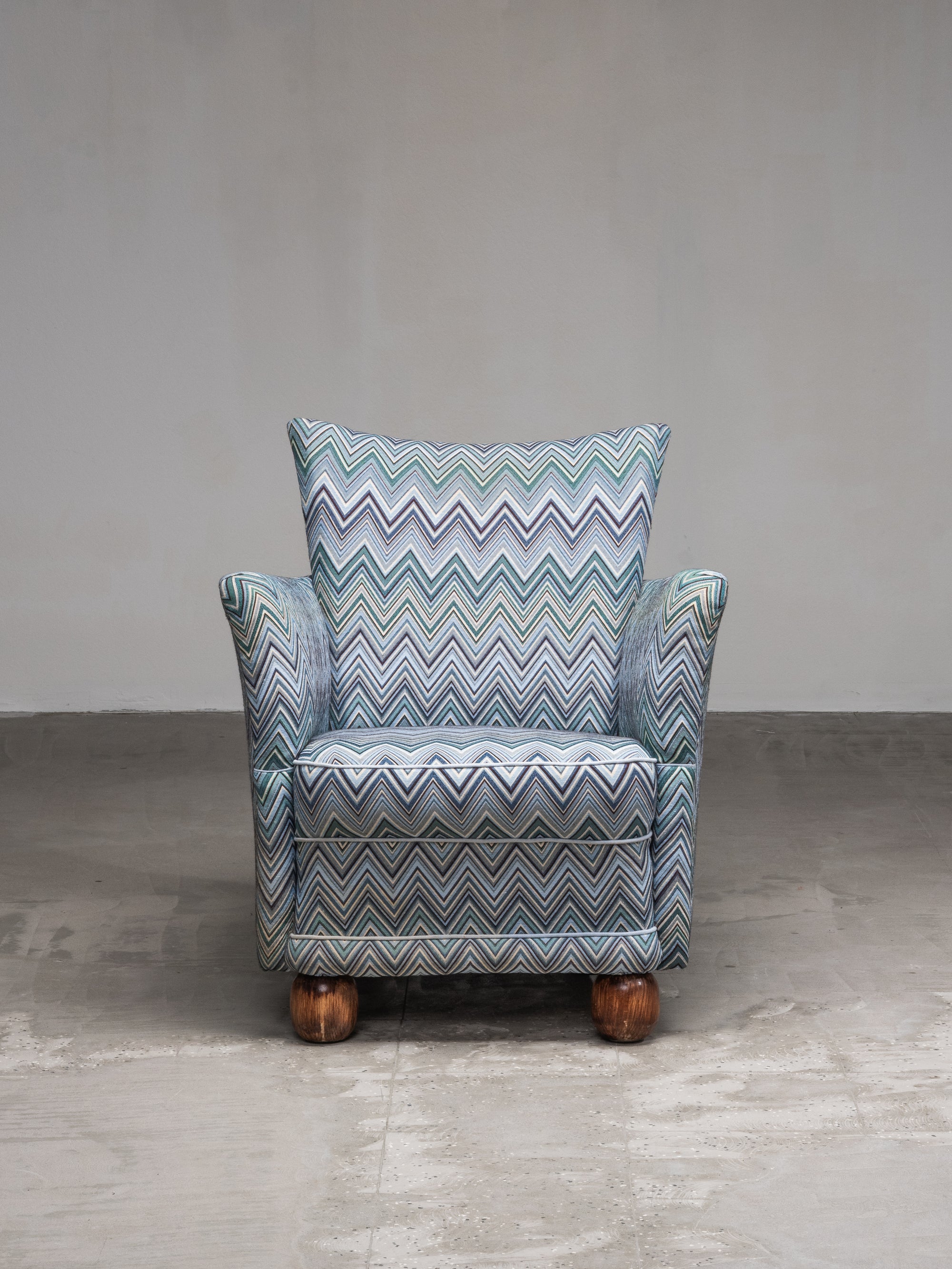 1940s Finnish Art Deco Club Chair with Chevron-Patterned Fabric