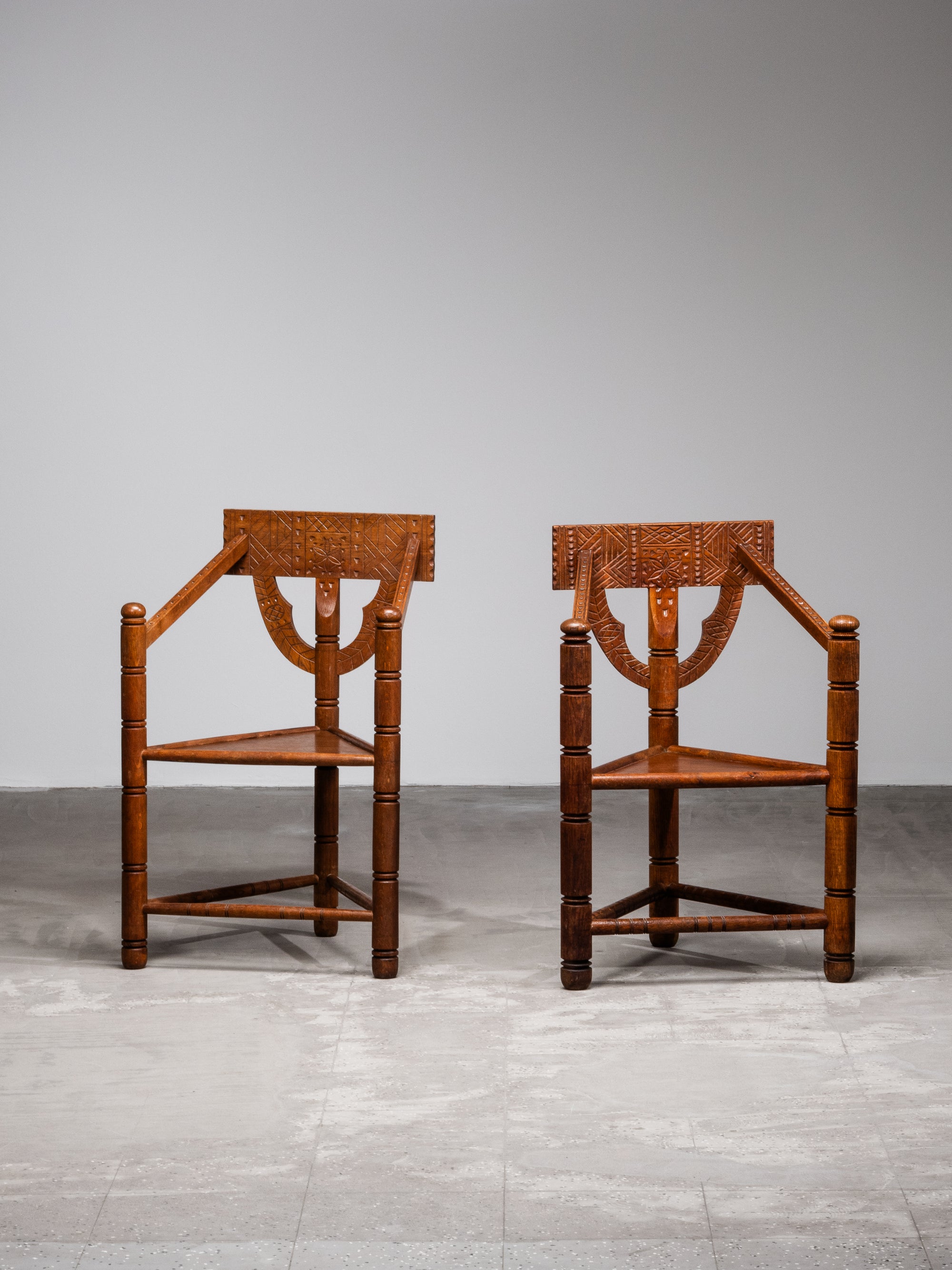 Pair of Brutalist Carved Oak Monk Chairs, Sweden, Early 1900s