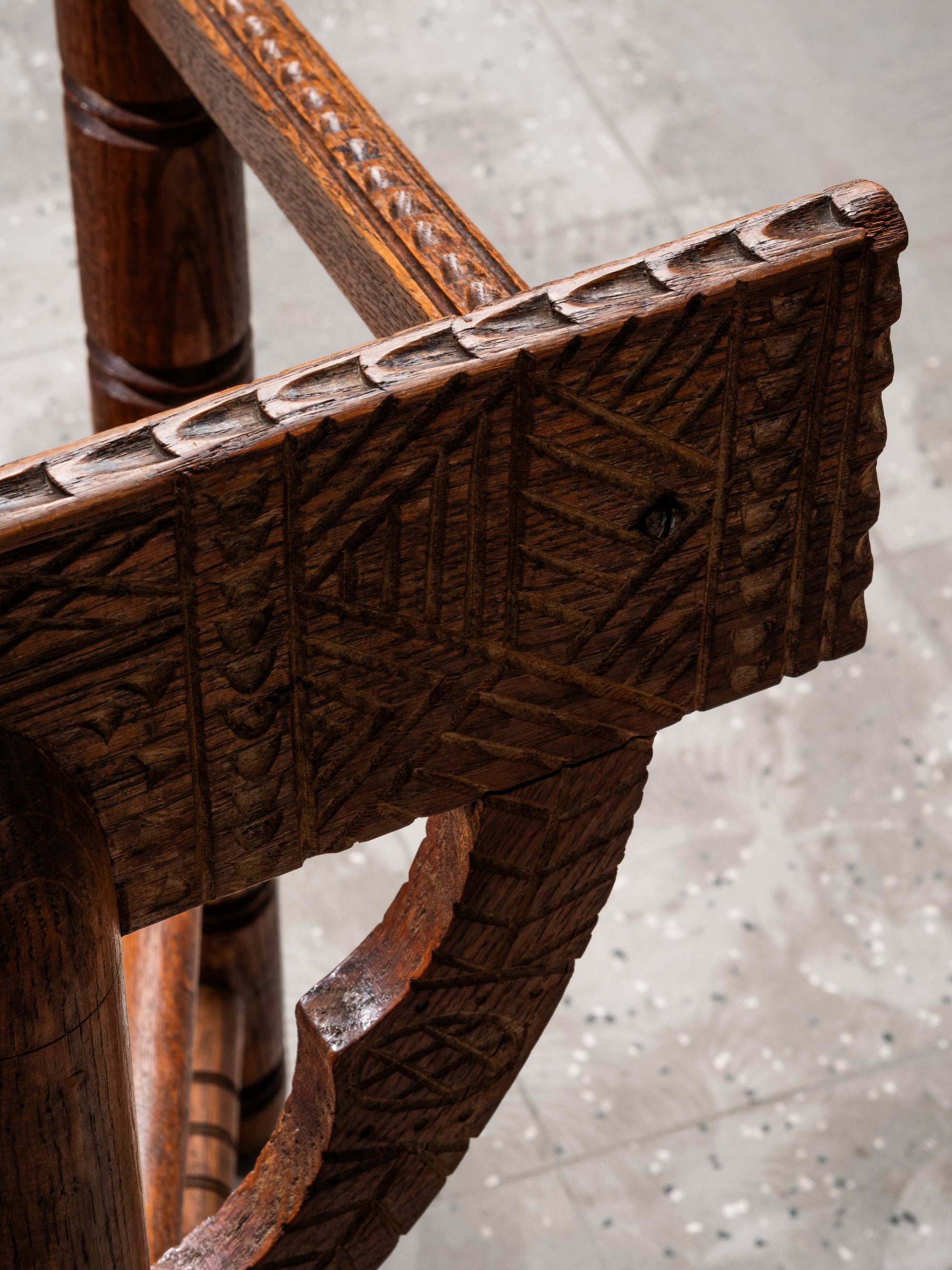 Pair of Brutalist Carved Oak Monk Chairs, Sweden, Early 1900s