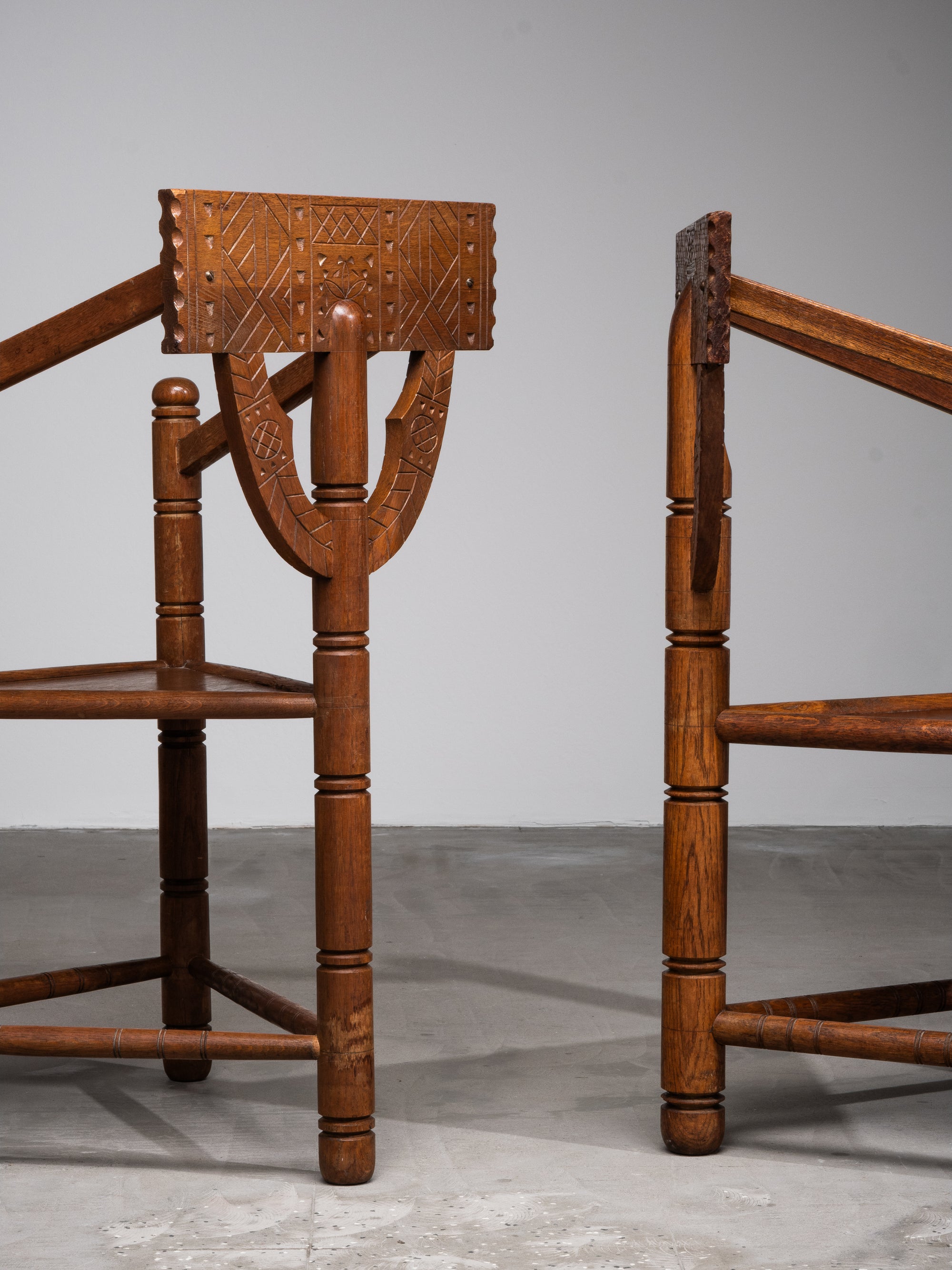 Pair of Brutalist Carved Oak Monk Chairs, Sweden, Early 1900s