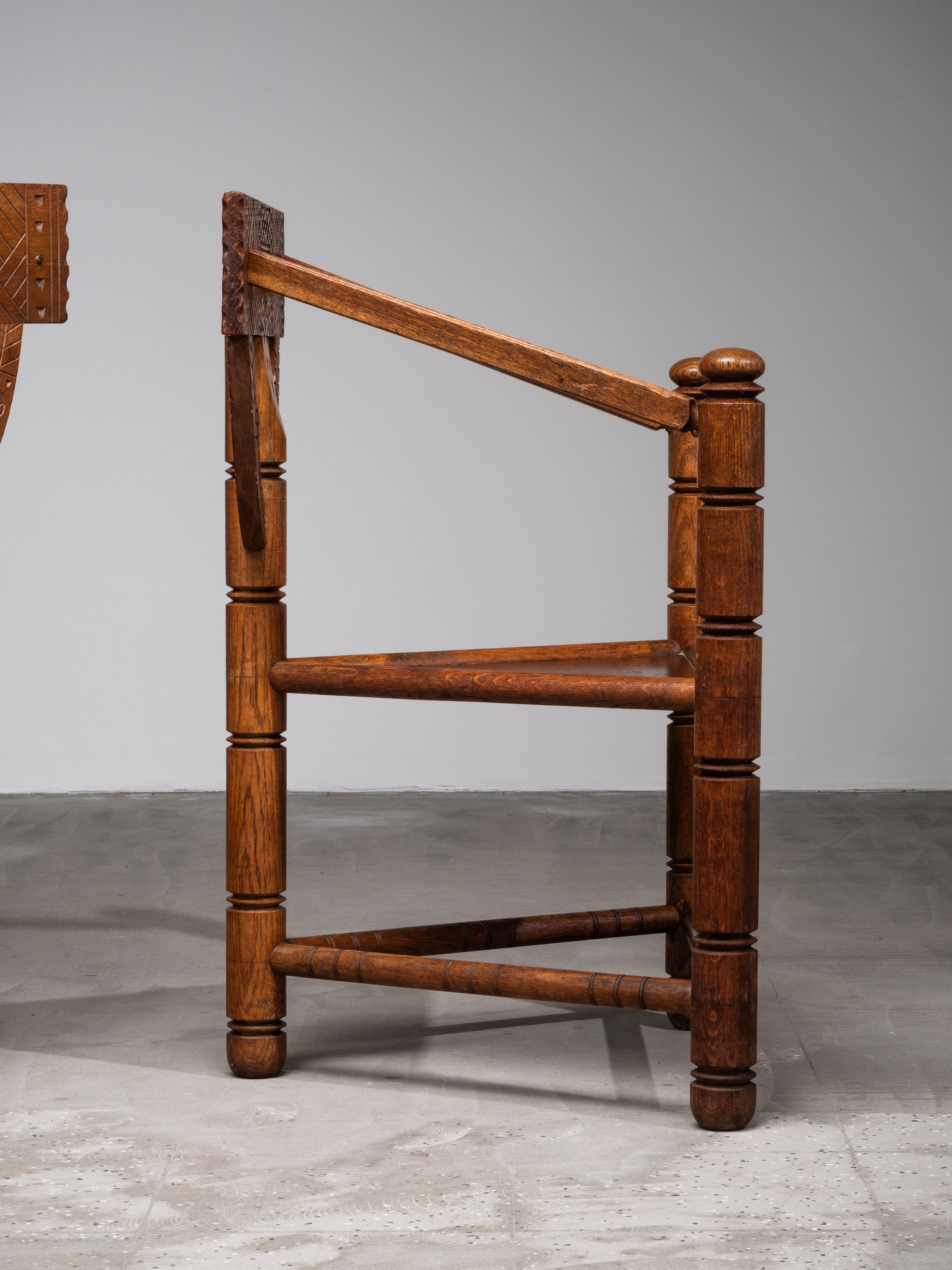 Pair of Brutalist Carved Oak Monk Chairs, Sweden, Early 1900s