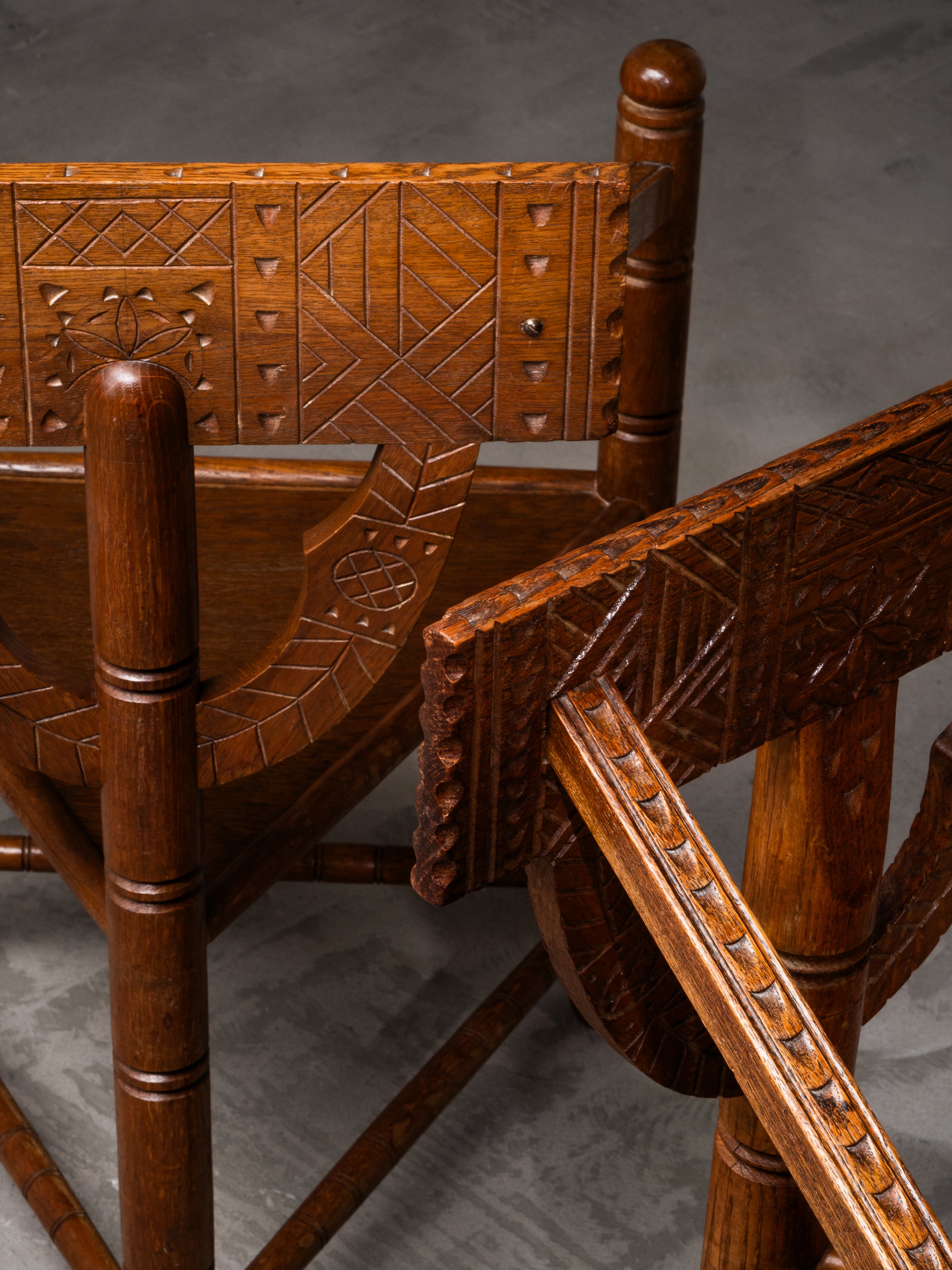 Pair of Brutalist Carved Oak Monk Chairs, Sweden, Early 1900s