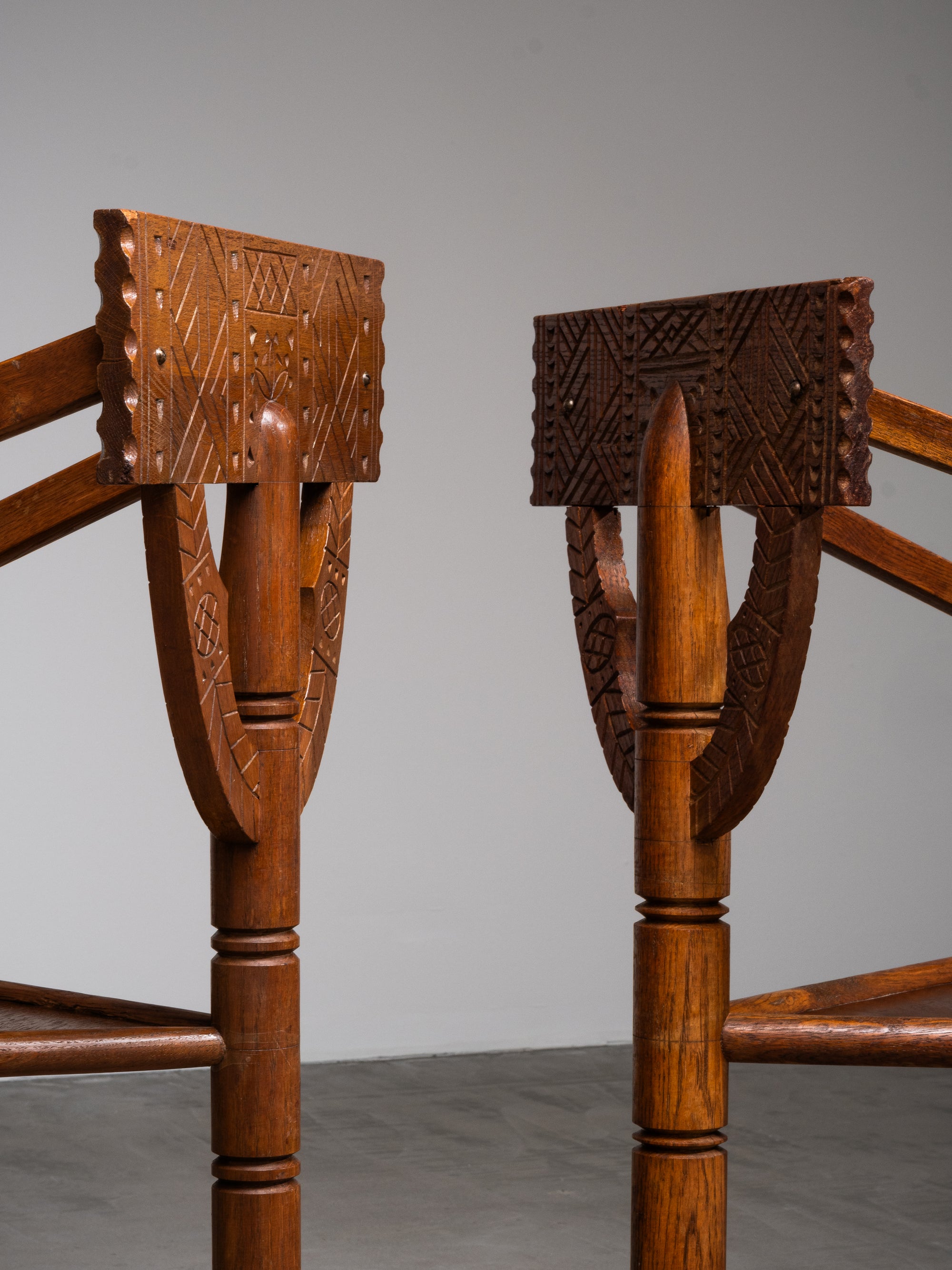 Pair of Brutalist Carved Oak Monk Chairs, Sweden, Early 1900s