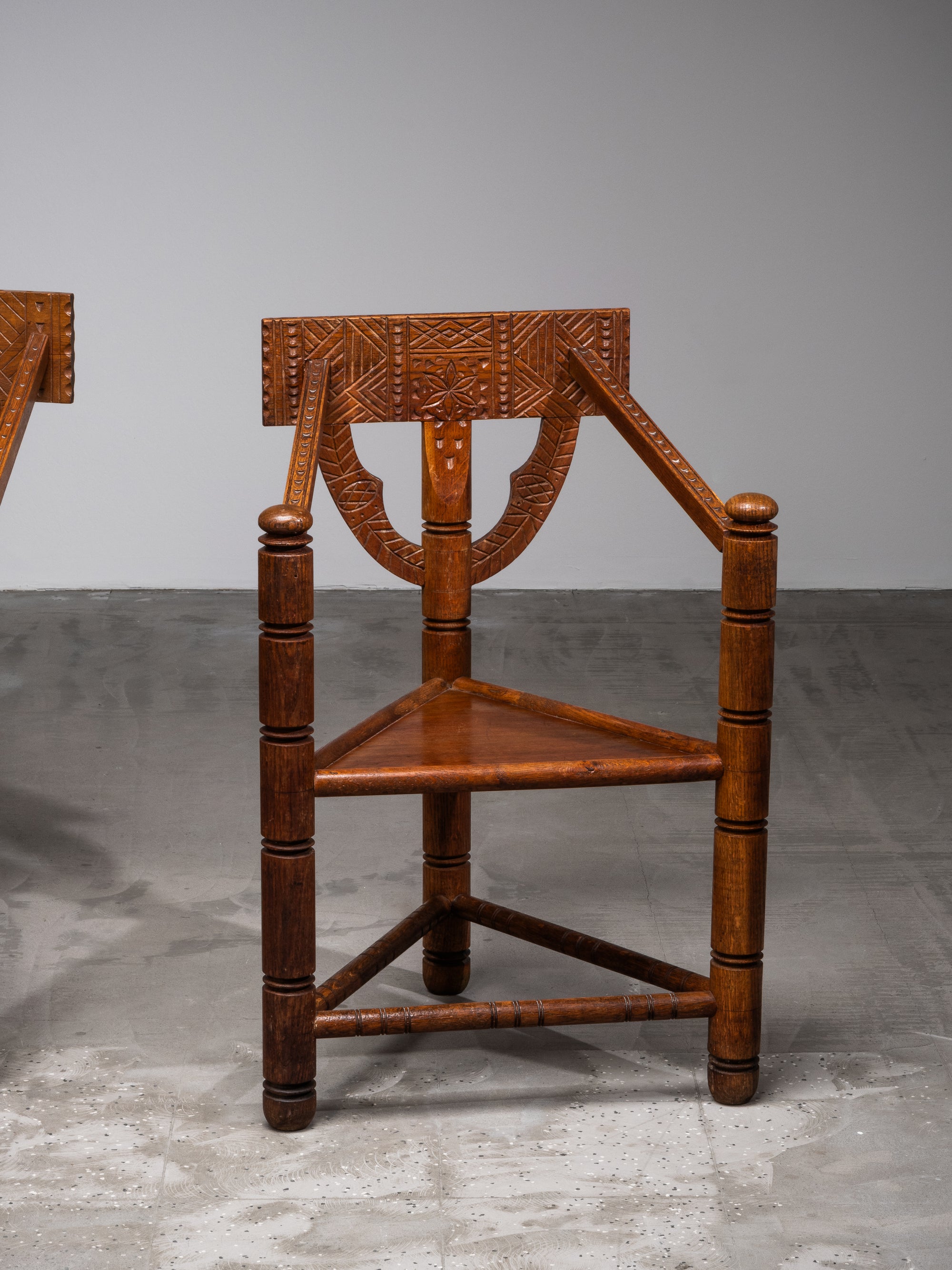 Pair of Brutalist Carved Oak Monk Chairs, Sweden, Early 1900s