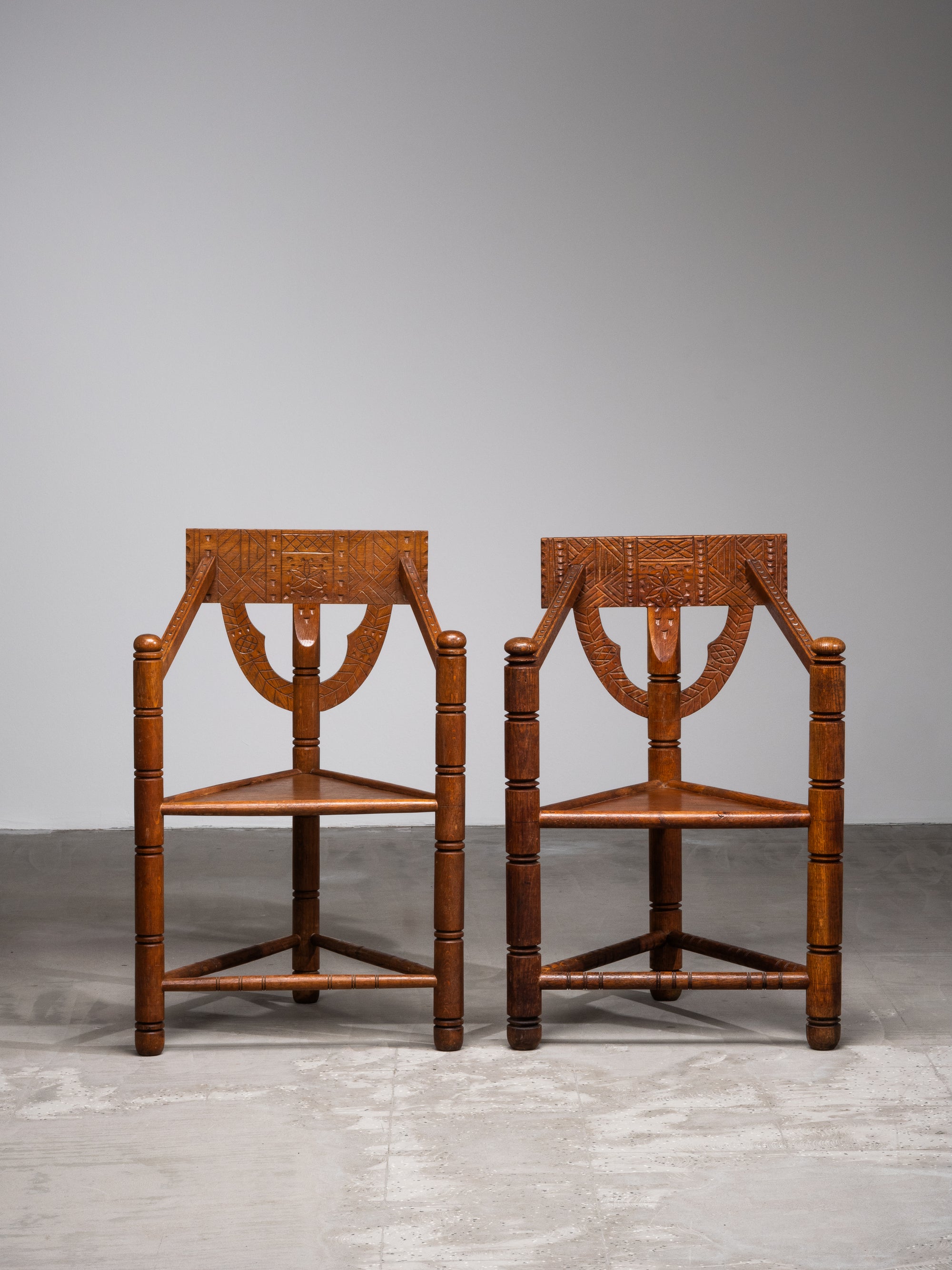 Pair of Brutalist Carved Oak Monk Chairs, Sweden, Early 1900s