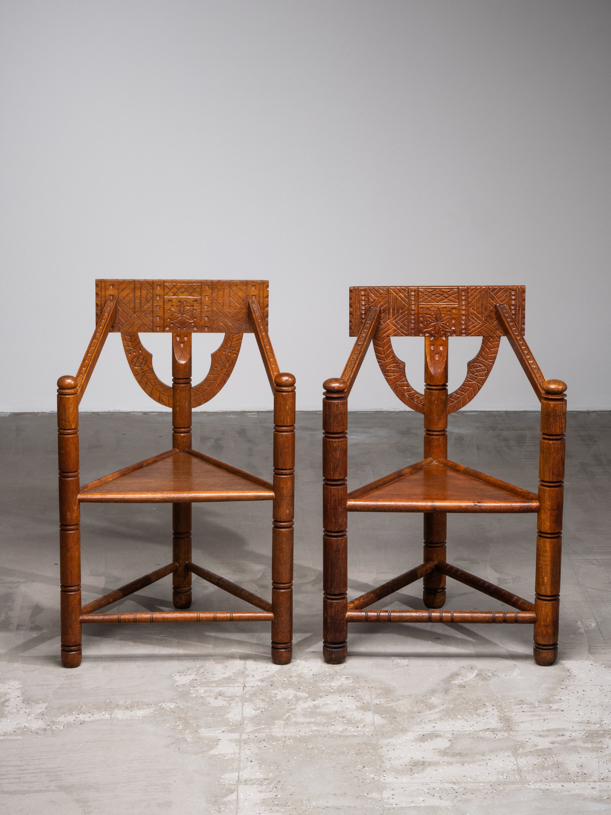 Pair of Brutalist Carved Oak Monk Chairs, Sweden, Early 1900s