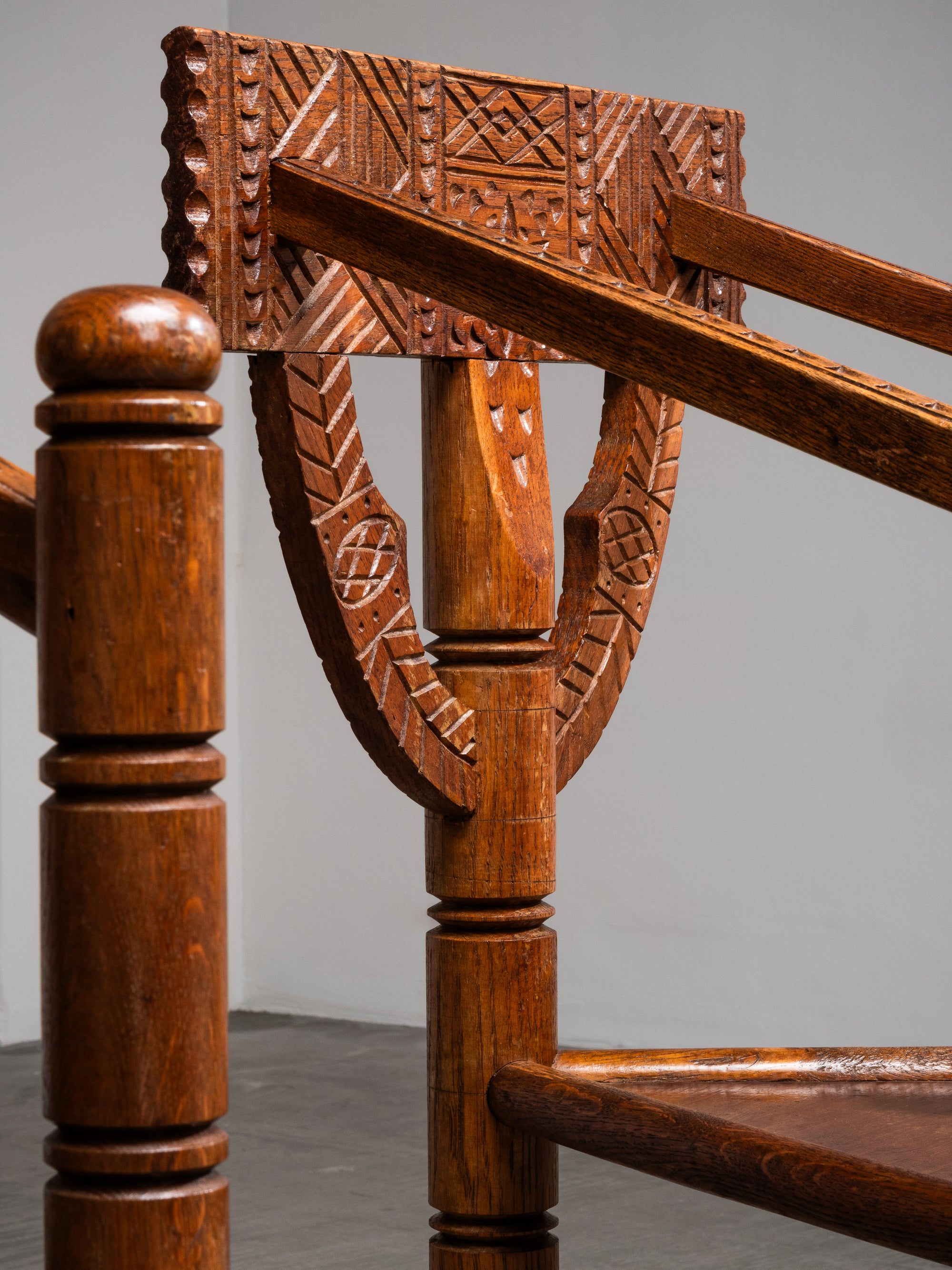 Pair of Brutalist Carved Oak Monk Chairs, Sweden, Early 1900s
