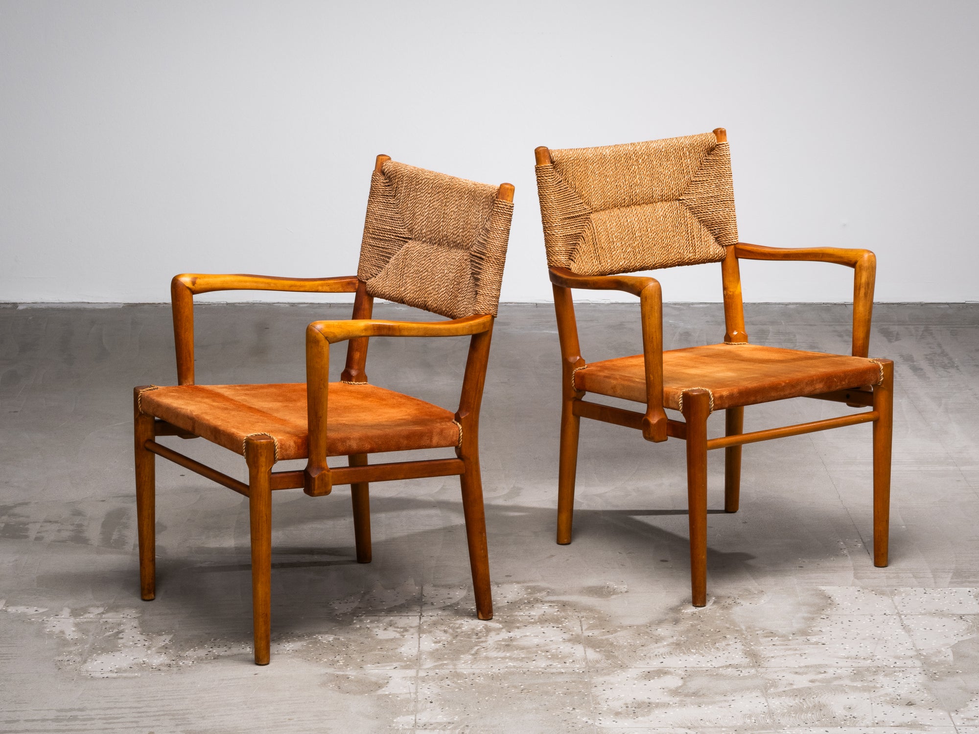 Pair of Armchairs in Suede and Woven Cord by Werner West, Finland, 1930s