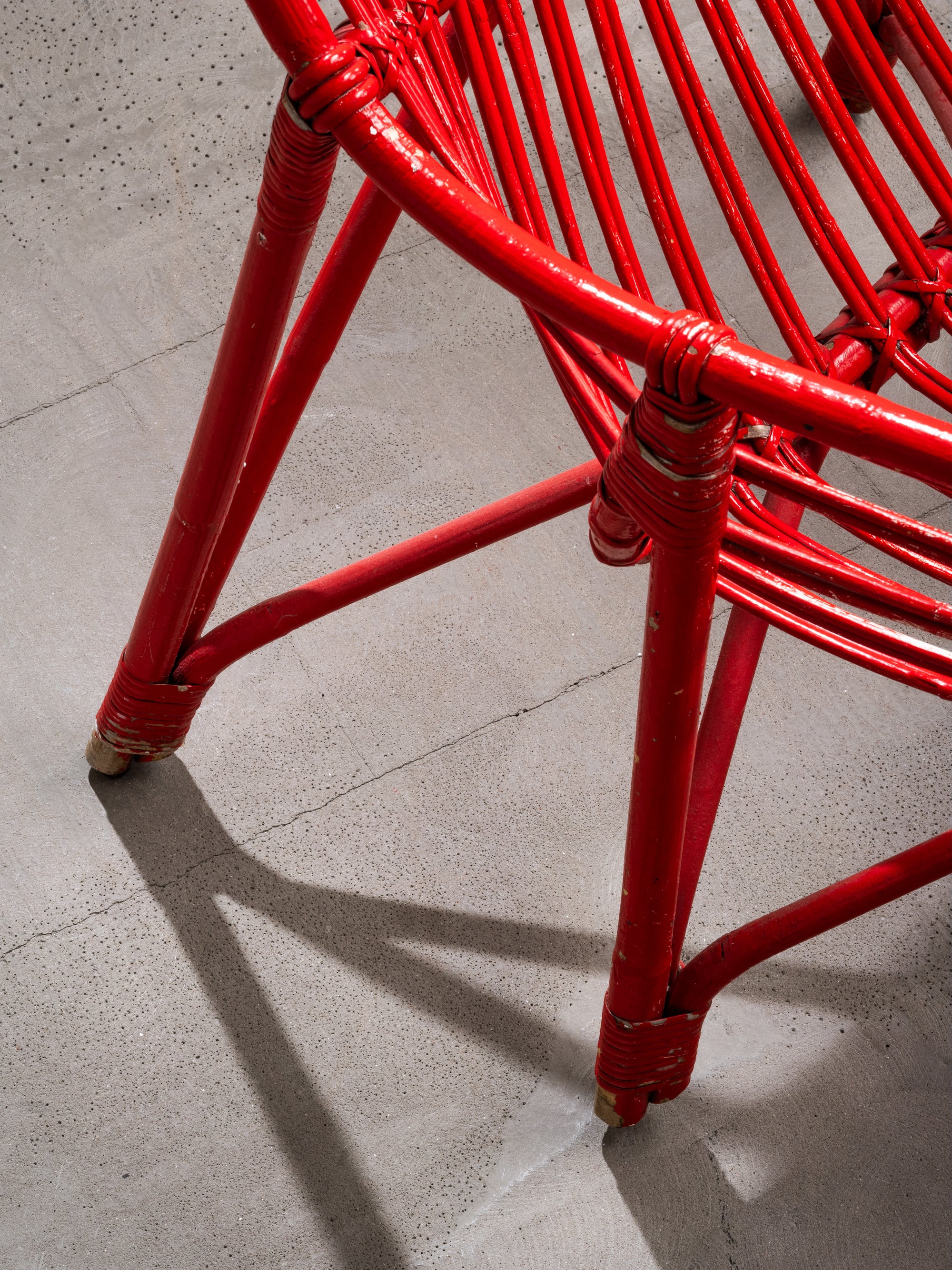 Pair of Bamboo &amp; Rattan Lounge Chairs with Red Painted Finish, Finland, 1940s