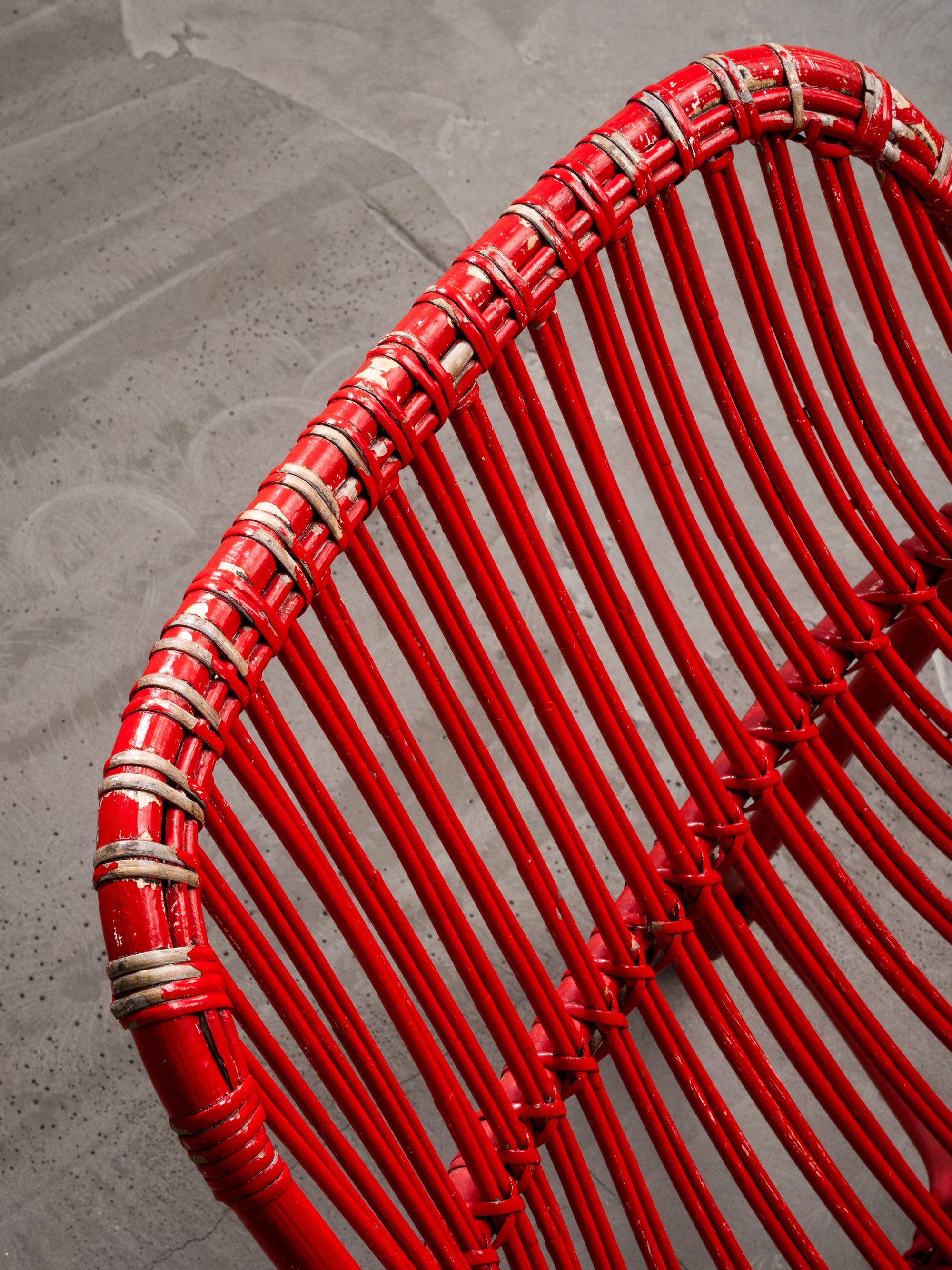 Pair of Bamboo &amp; Rattan Lounge Chairs with Red Painted Finish, Finland, 1940s