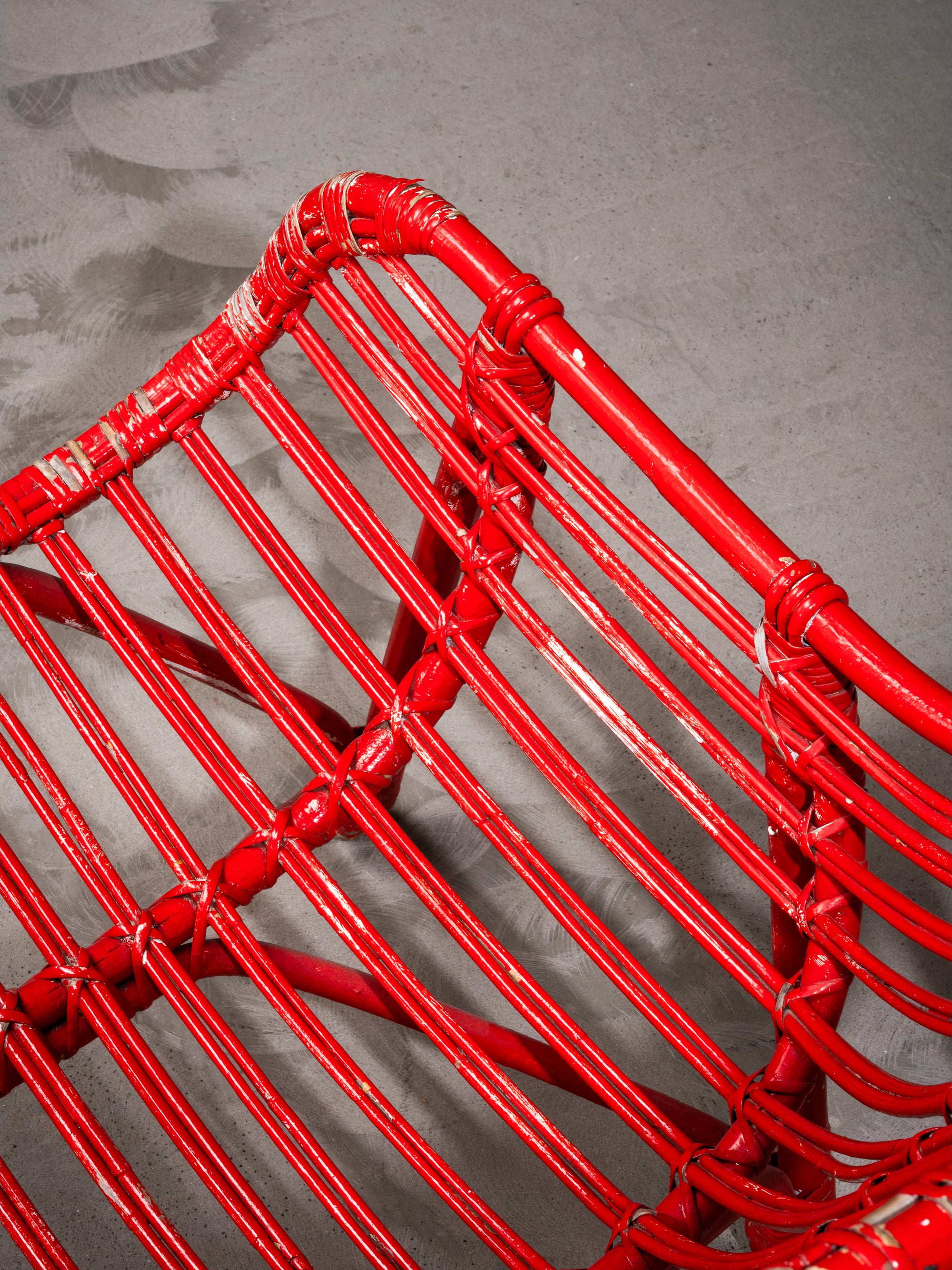 Pair of Bamboo &amp; Rattan Lounge Chairs with Red Painted Finish, Finland, 1940s