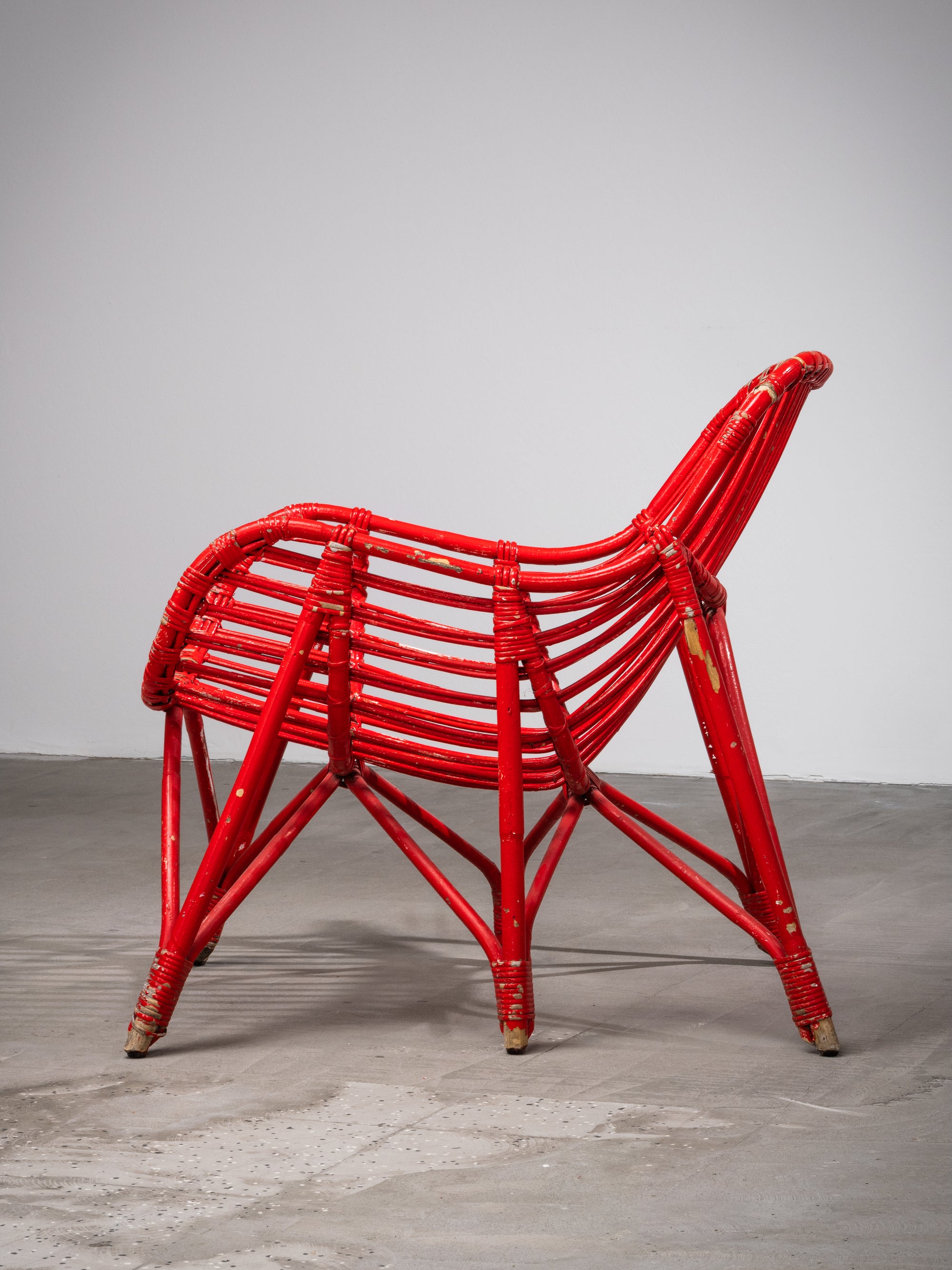 Pair of Bamboo &amp; Rattan Lounge Chairs with Red Painted Finish, Finland, 1940s