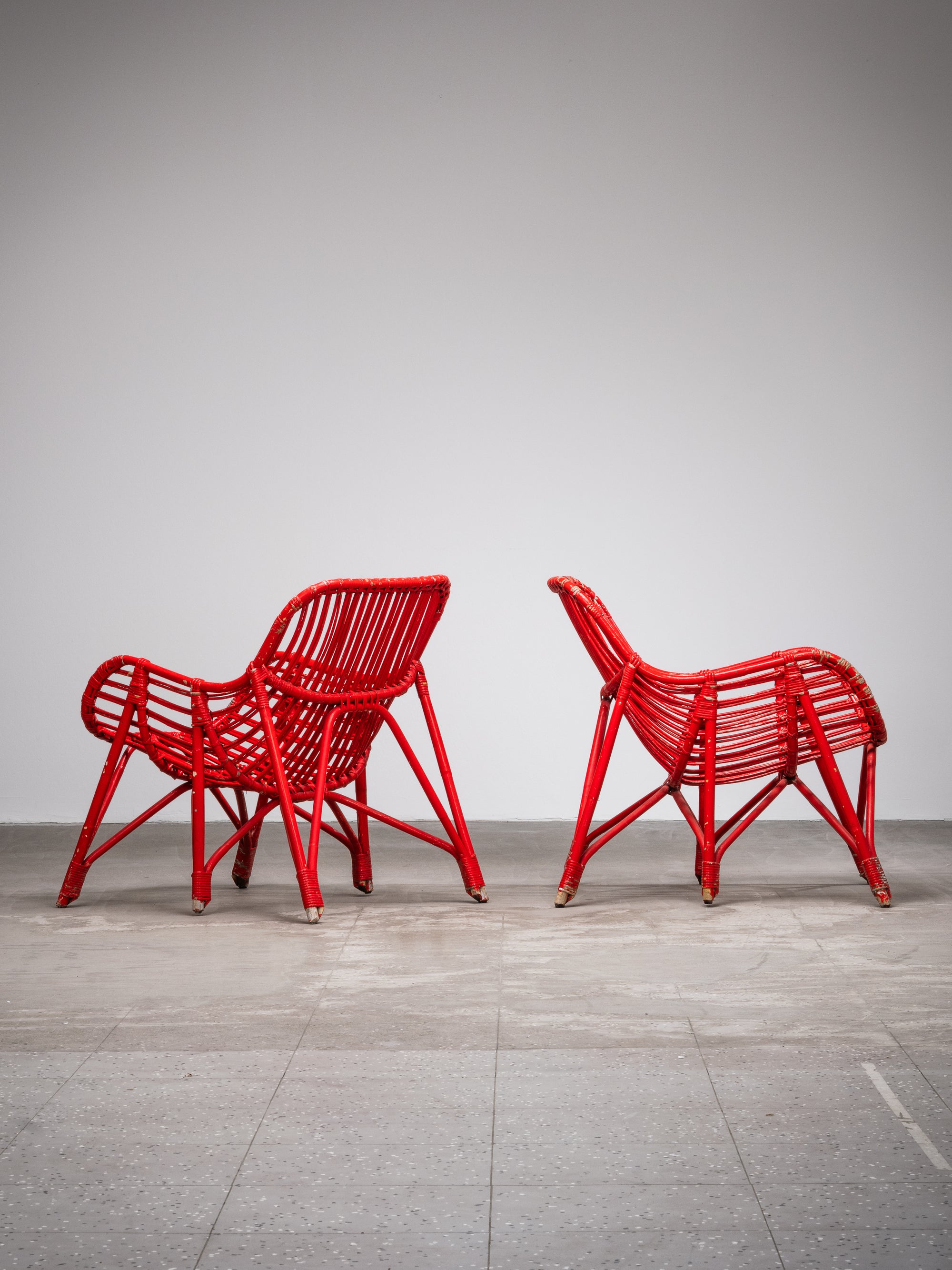 Pair of Bamboo &amp; Rattan Lounge Chairs with Red Painted Finish, Finland, 1940s