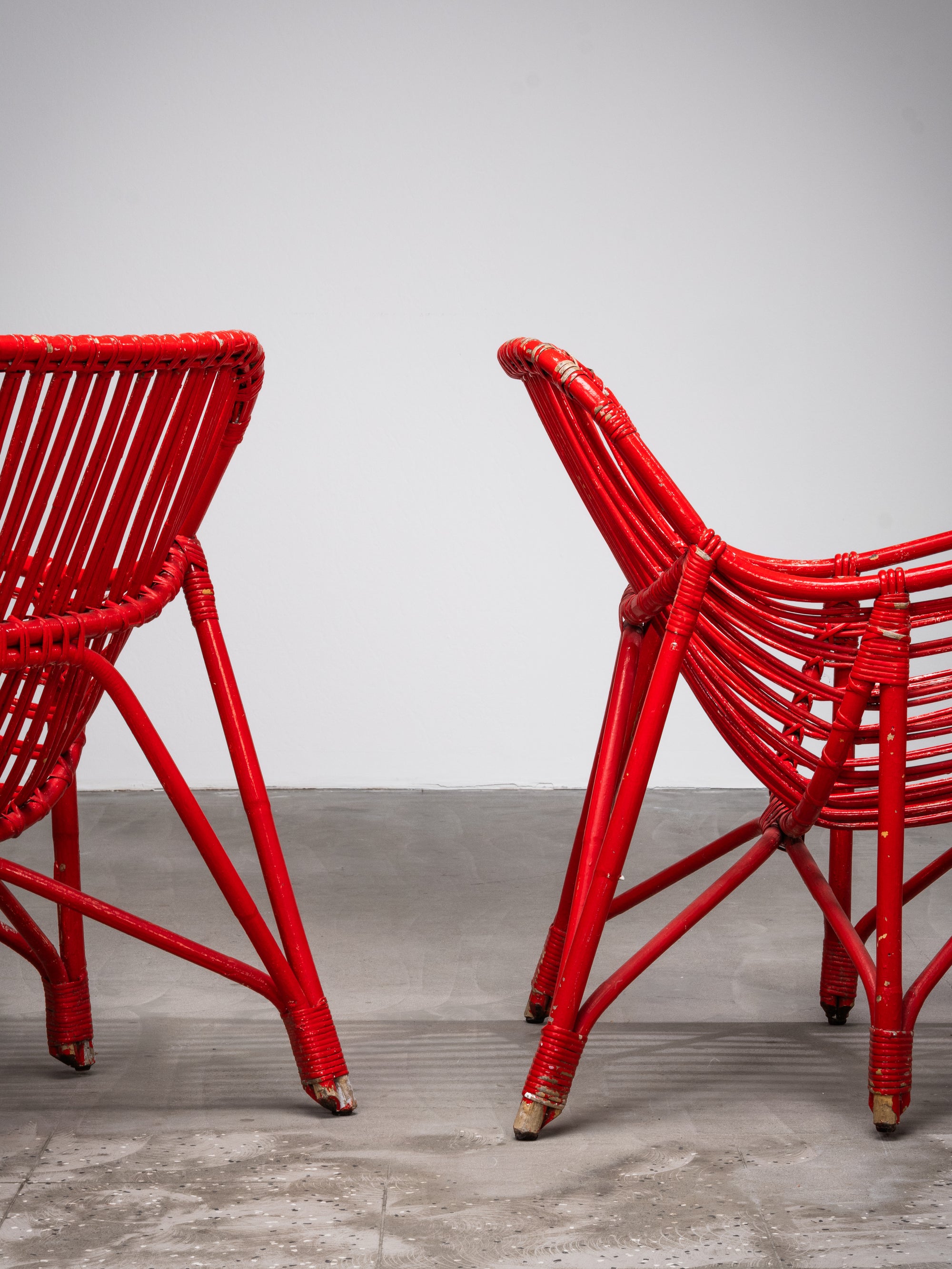 Pair of Bamboo &amp; Rattan Lounge Chairs with Red Painted Finish, Finland, 1940s