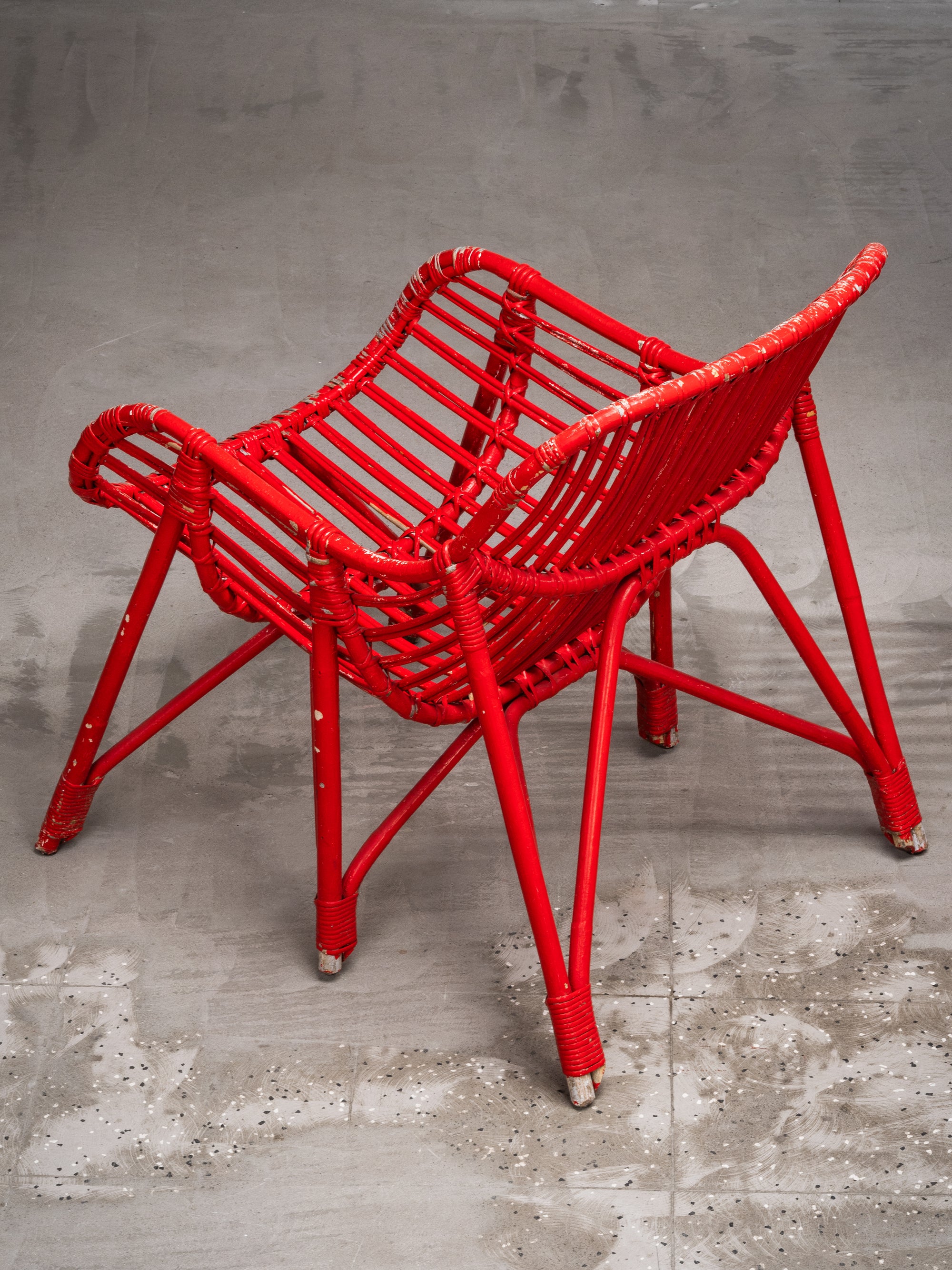 Pair of Bamboo &amp; Rattan Lounge Chairs with Red Painted Finish, Finland, 1940s