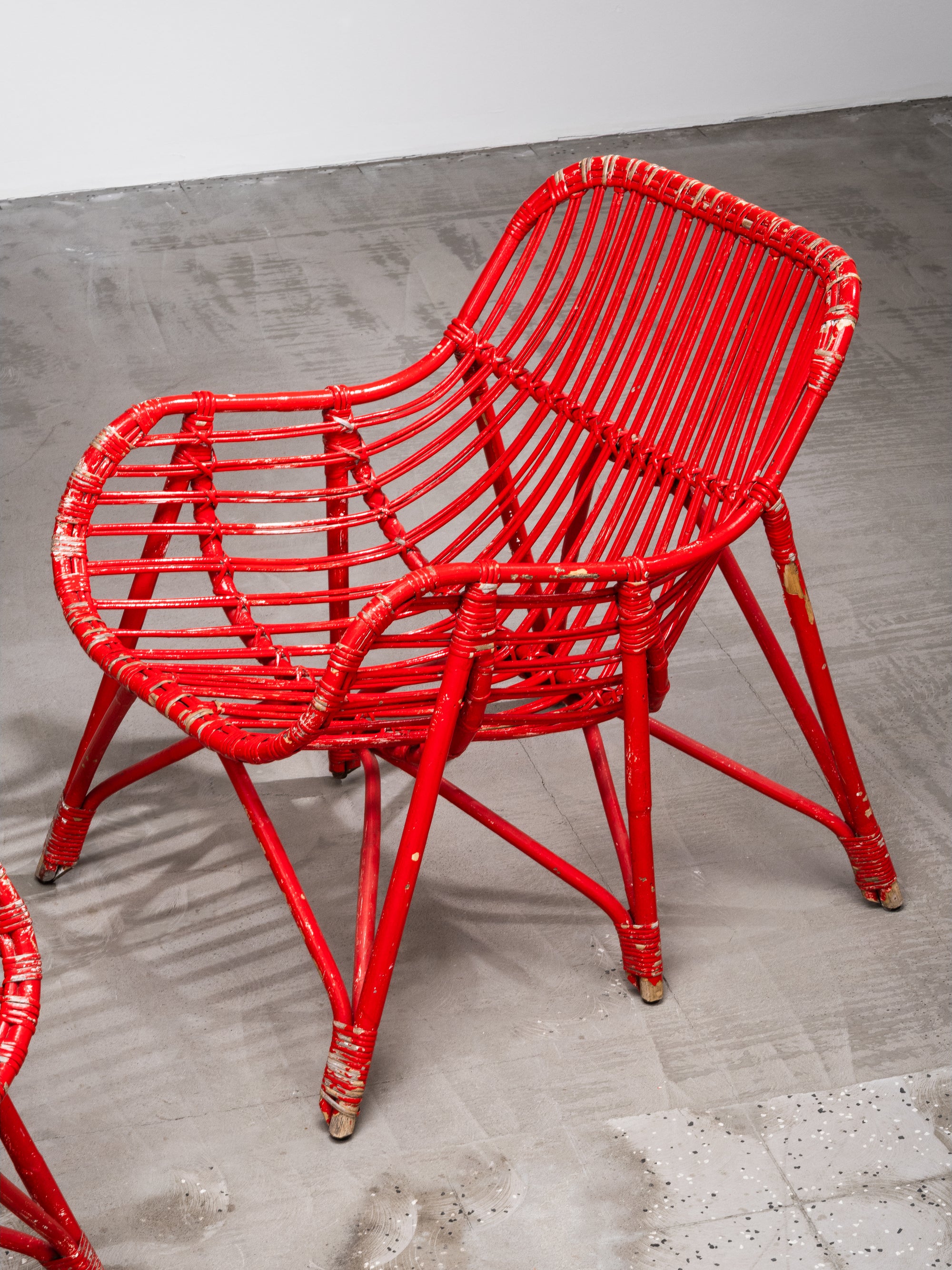 Pair of Bamboo &amp; Rattan Lounge Chairs with Red Painted Finish, Finland, 1940s