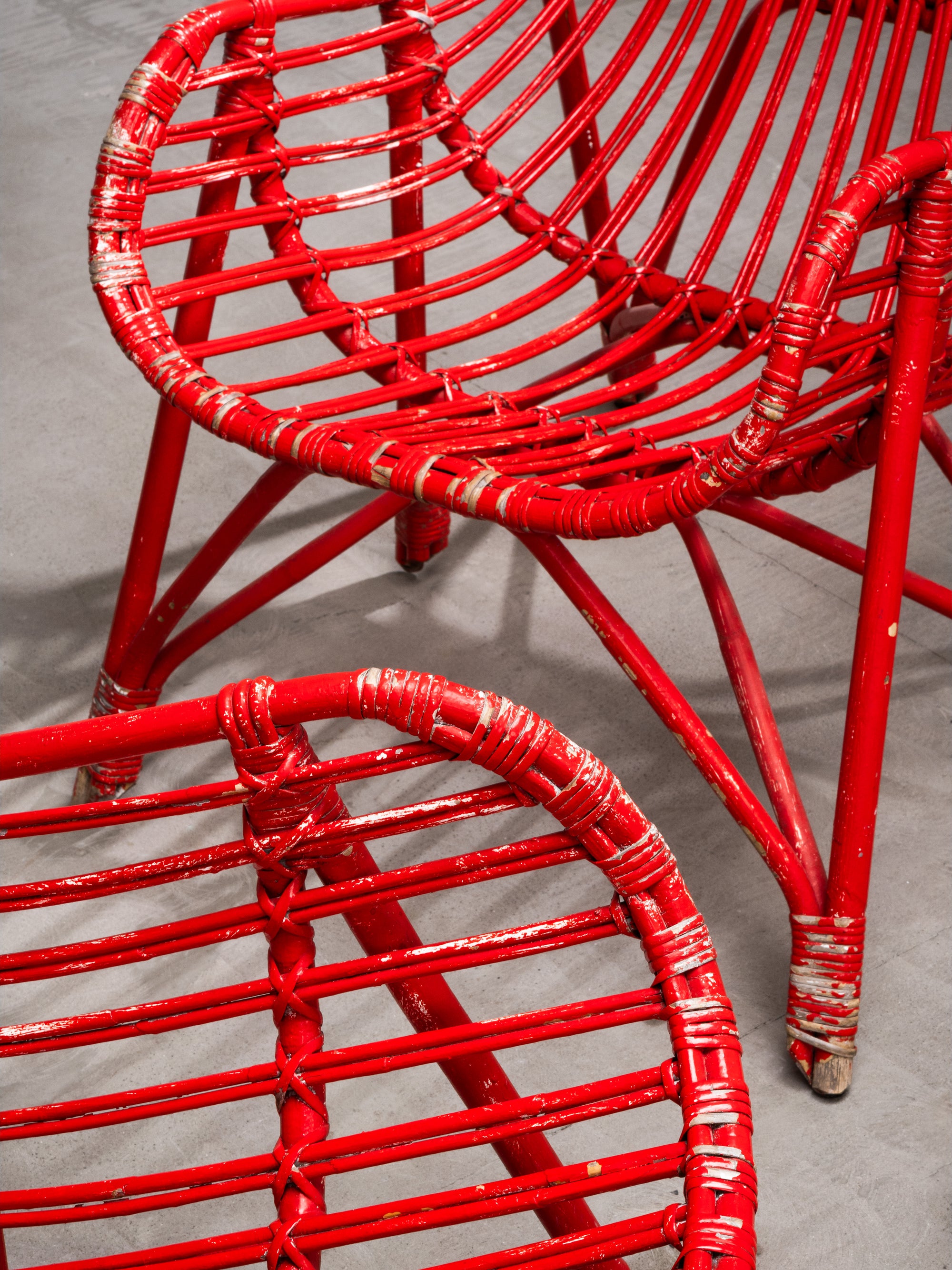 Pair of Bamboo &amp; Rattan Lounge Chairs with Red Painted Finish, Finland, 1940s