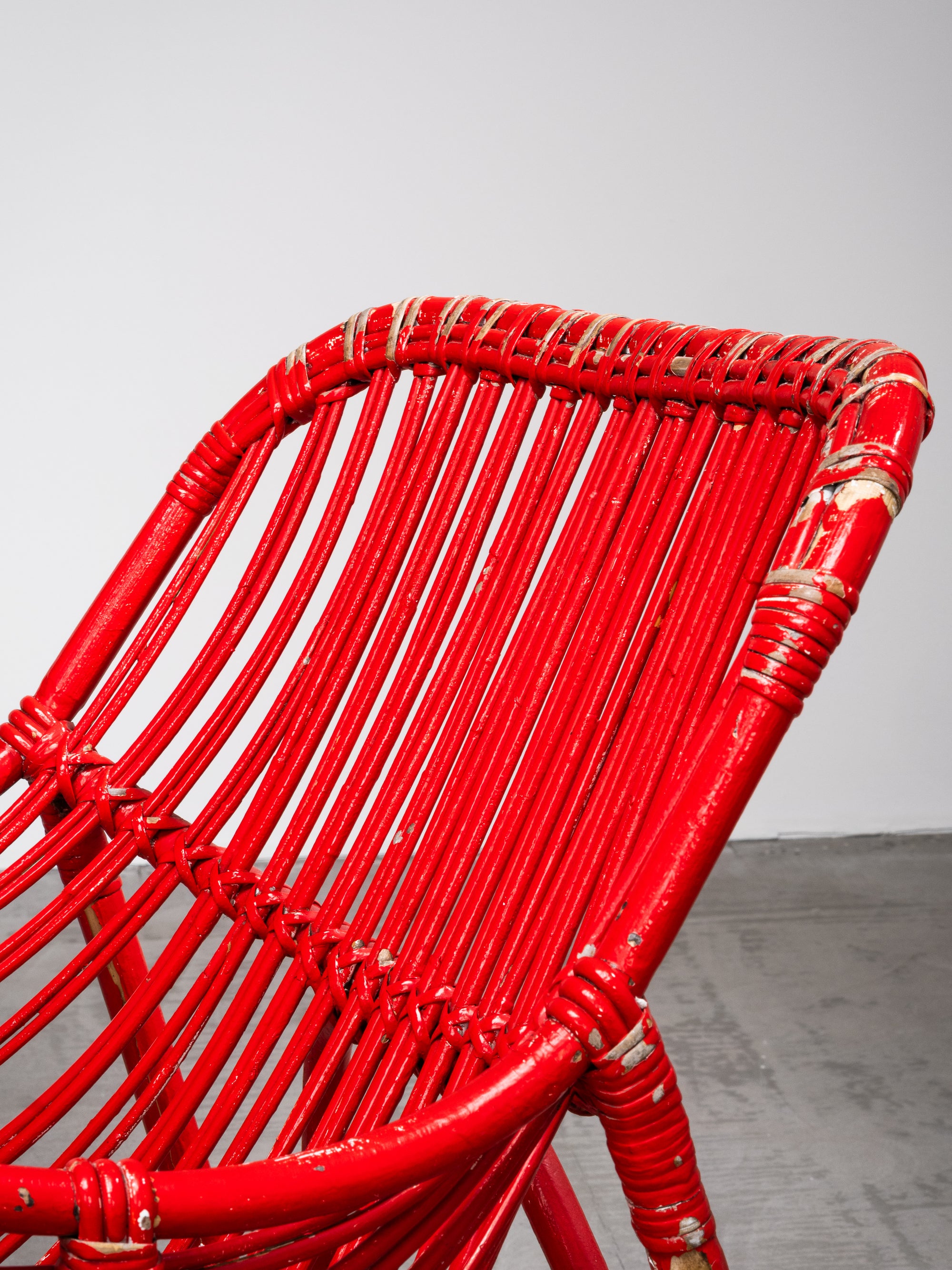 Pair of Bamboo &amp; Rattan Lounge Chairs with Red Painted Finish, Finland, 1940s