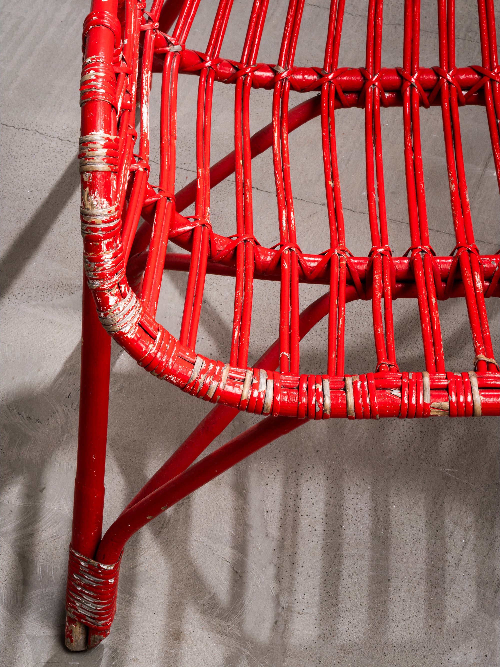 Pair of Bamboo &amp; Rattan Lounge Chairs with Red Painted Finish, Finland, 1940s