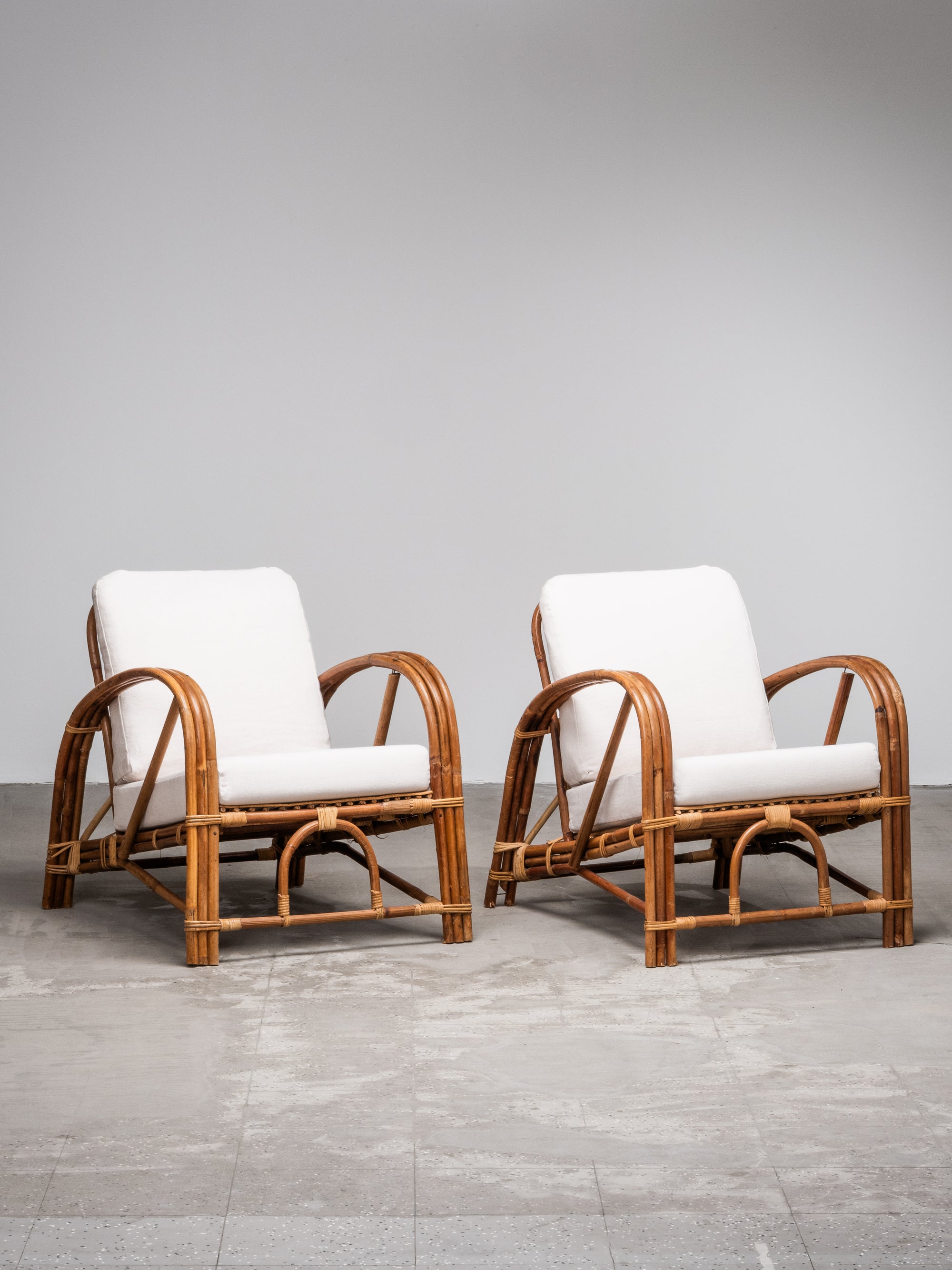 Pair of Swedish Art Deco Style Bamboo Lounge Chairs with Linen Cushions, 1940s