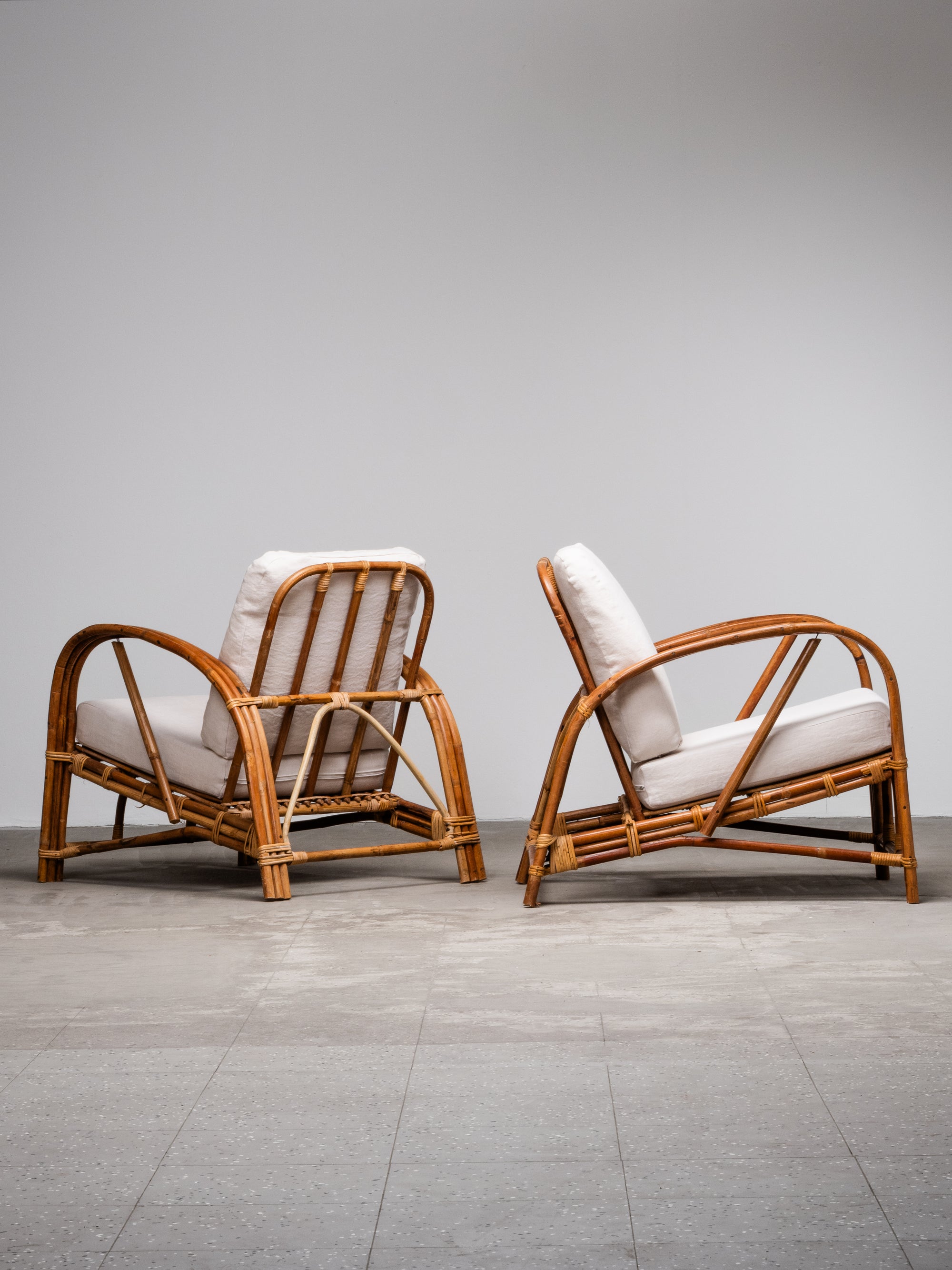 Pair of Swedish Art Deco Style Bamboo Lounge Chairs with Linen Cushions, 1940s