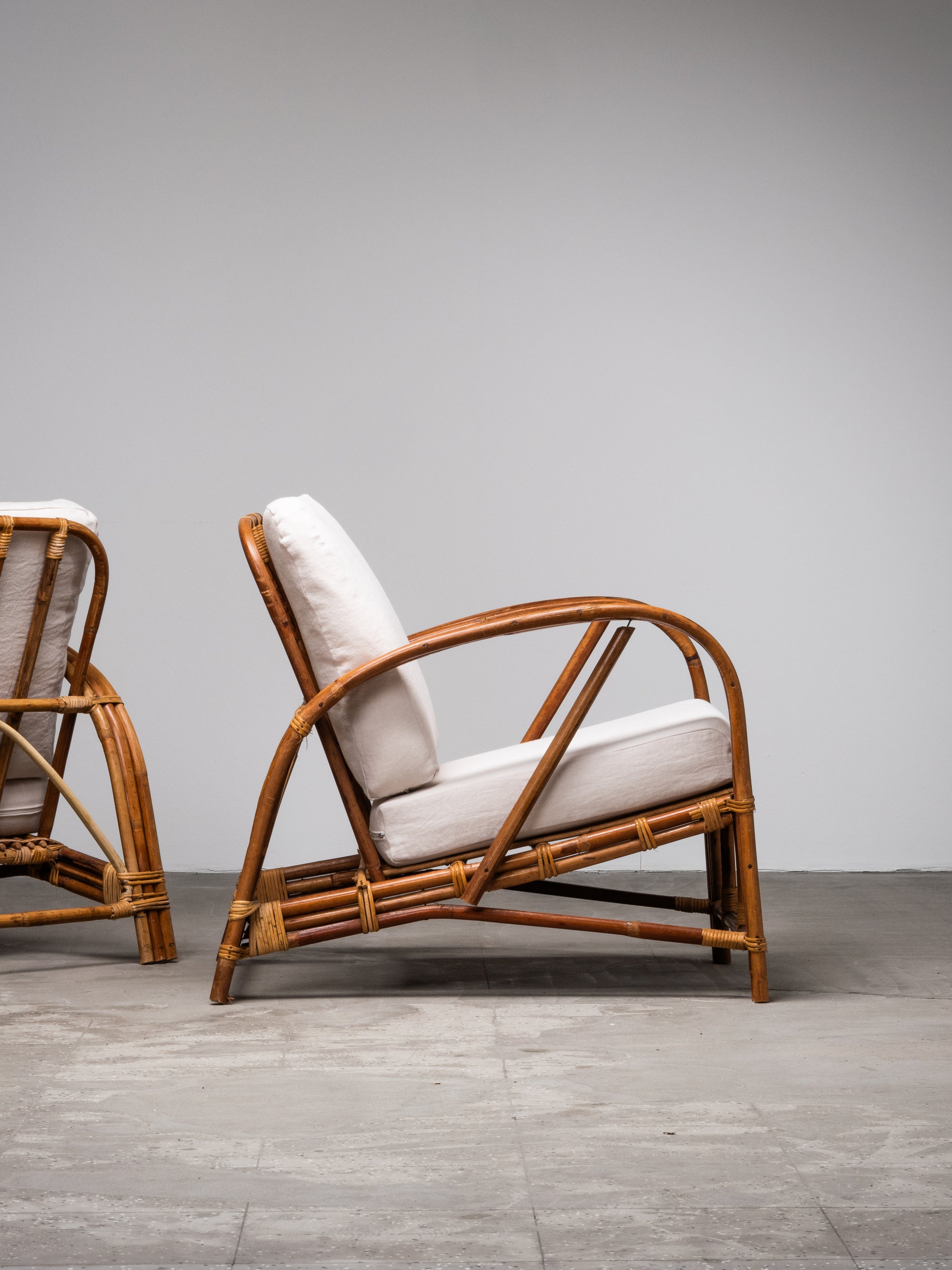 Pair of Swedish Art Deco Style Bamboo Lounge Chairs with Linen Cushions, 1940s